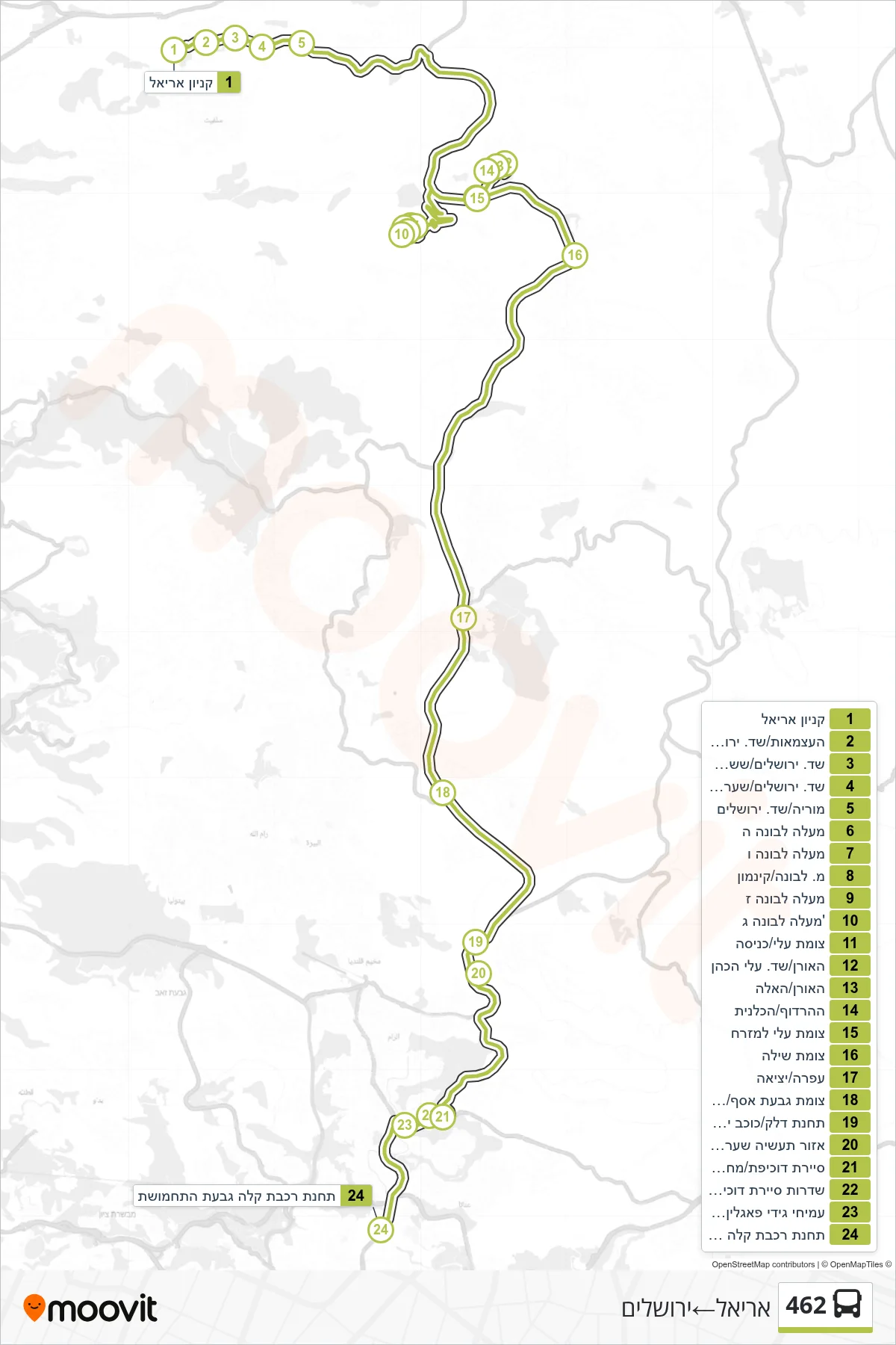 462 bus Line (Ariel‎→Jerusalem) route and stops on a map