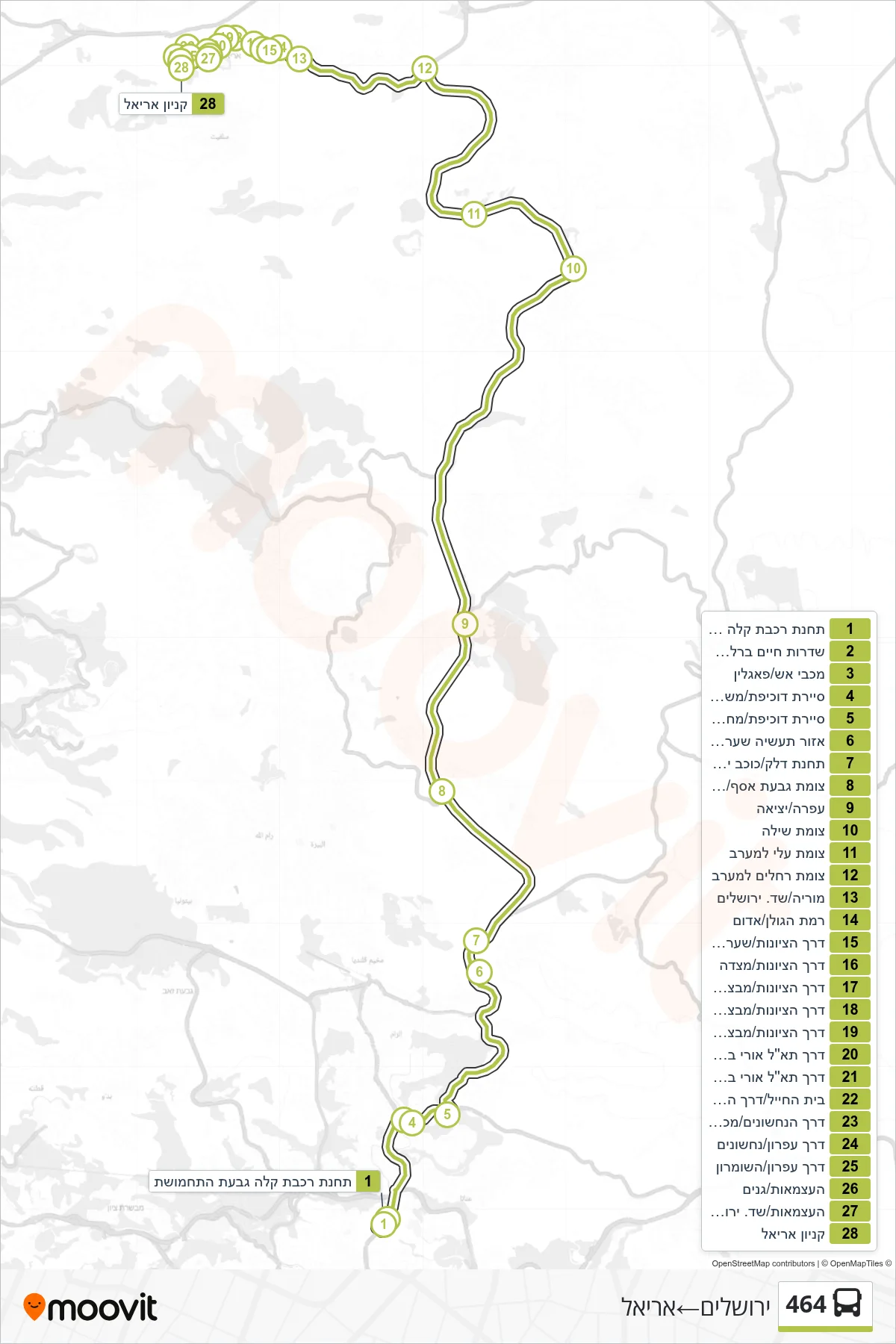 464 bus Line (Jerusalem‎→Ariel) route and stops on a map
