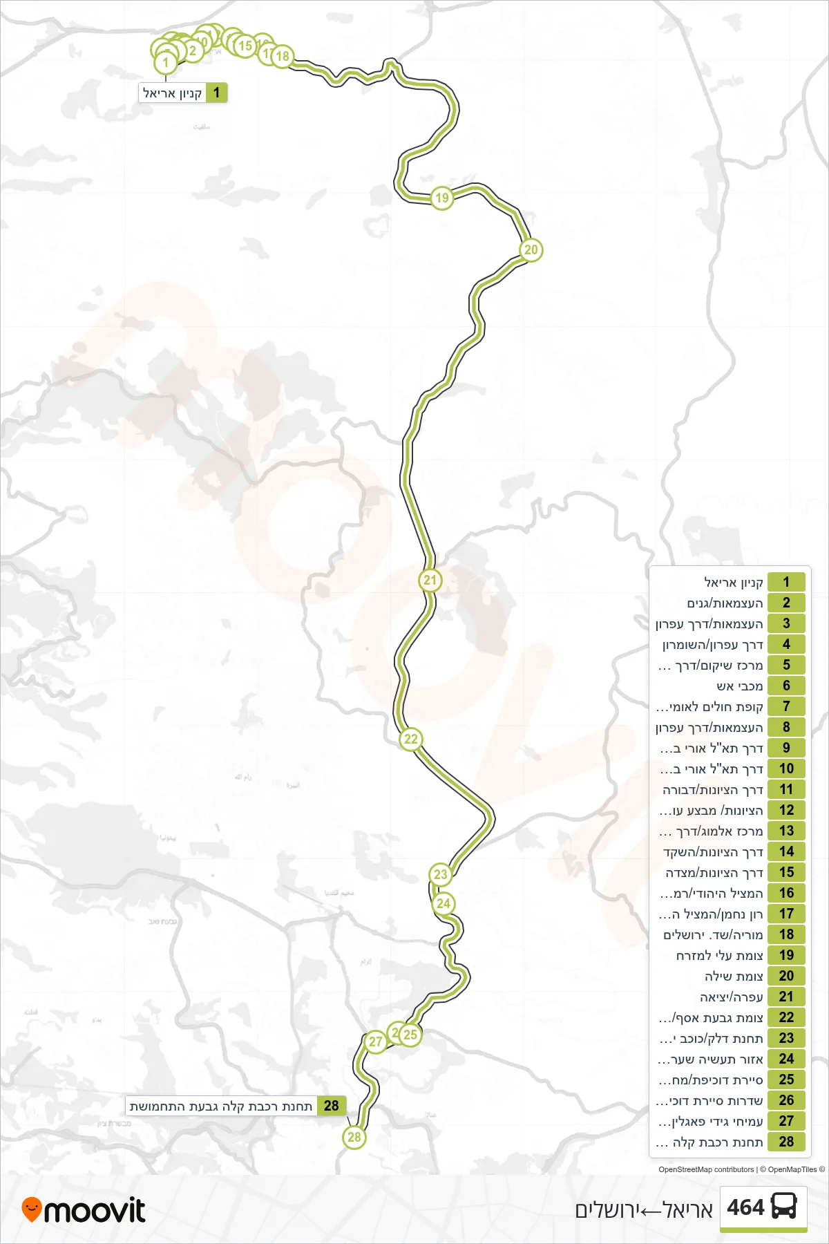 464 bus Line (Ariel‎→Jerusalem) route and stops on a map