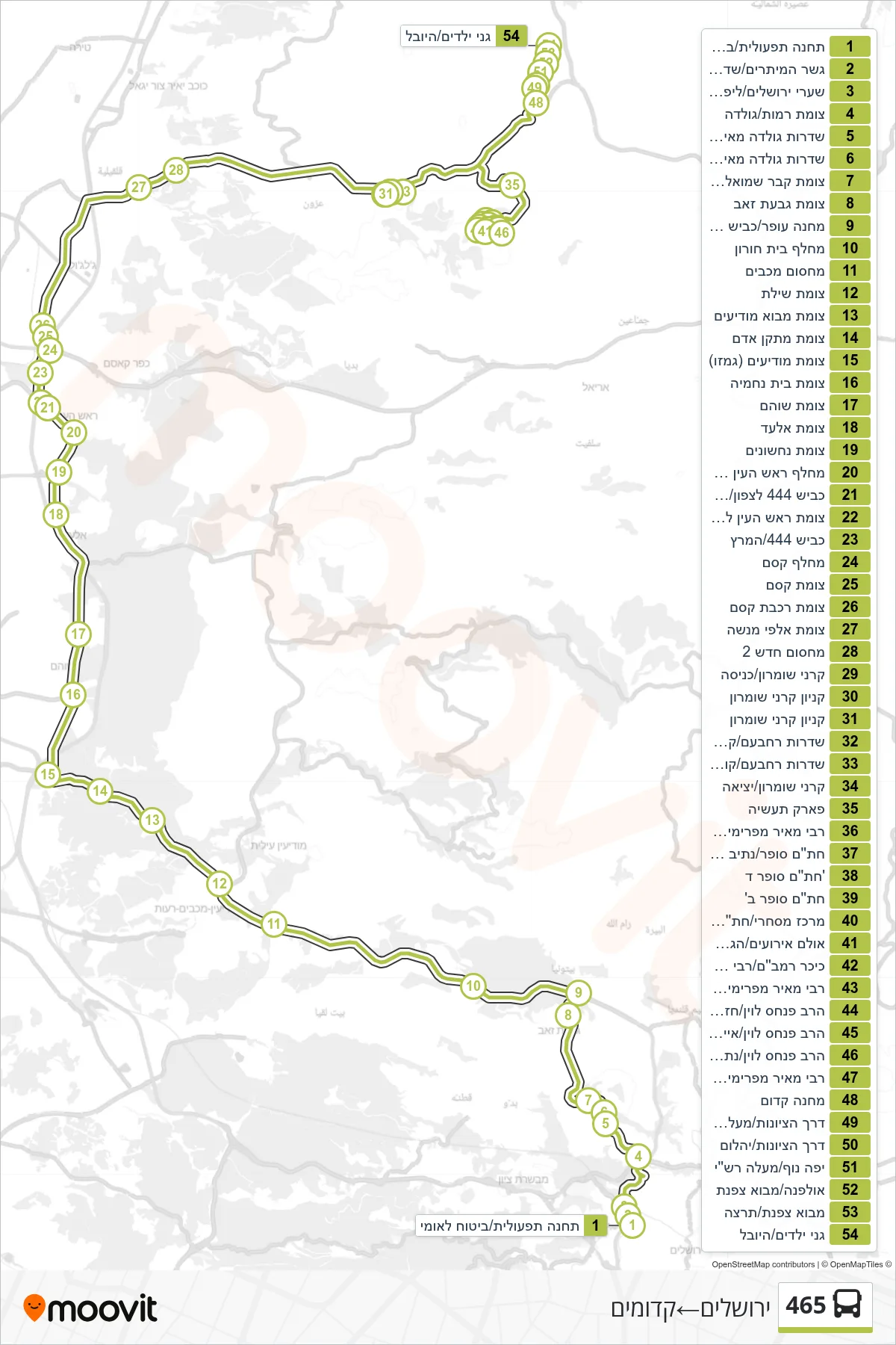 465  Line (Jerusalem‎→Kedumim) route and stops on a map