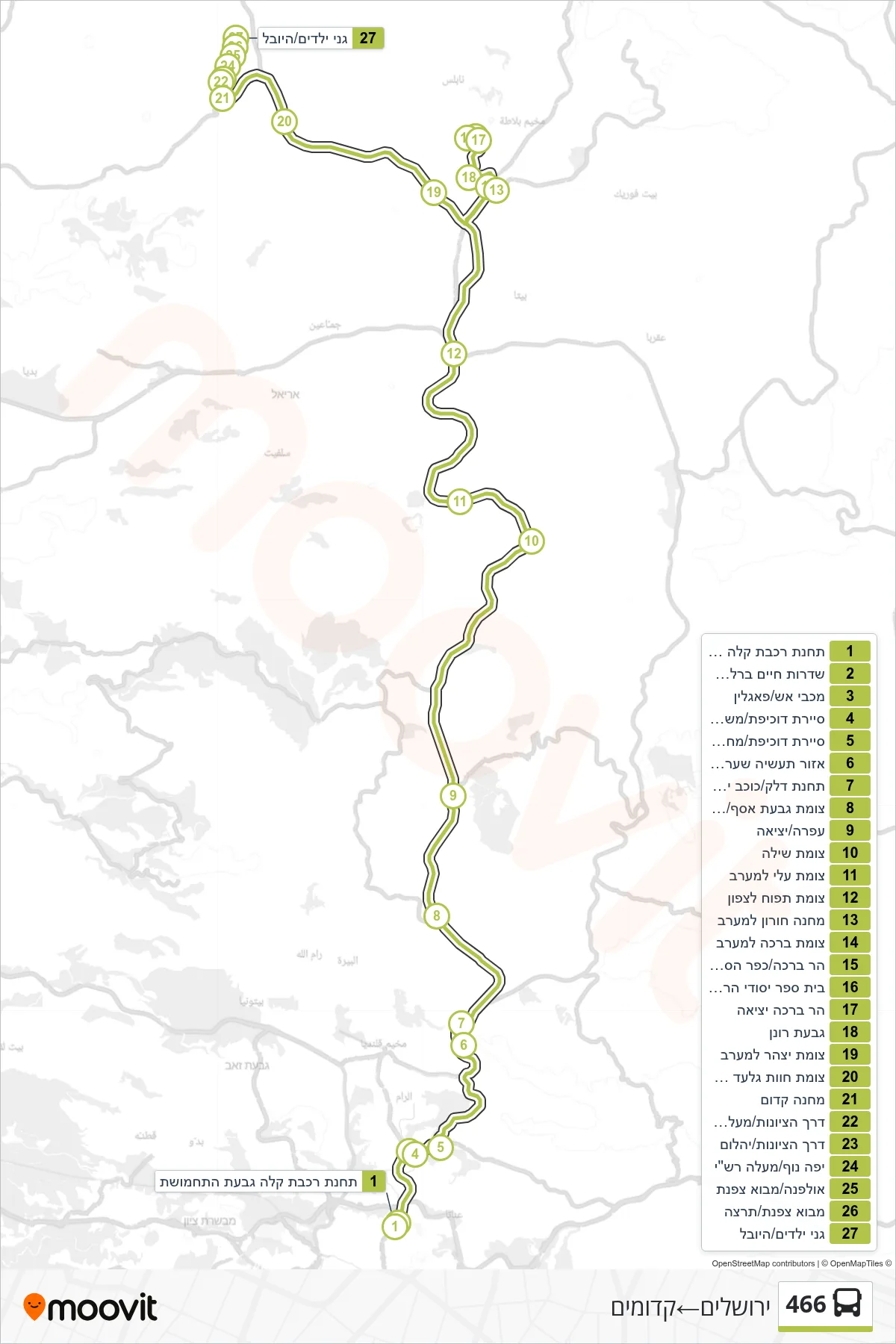 466 bus Line (Jerusalem‎→Kedumim) route and stops on a map