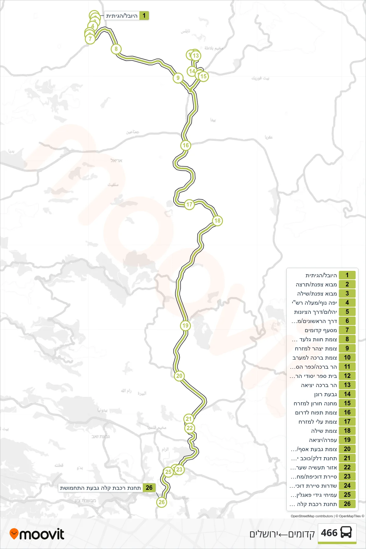 466 bus Line (Kedumim‎→Jerusalem) route and stops on a map
