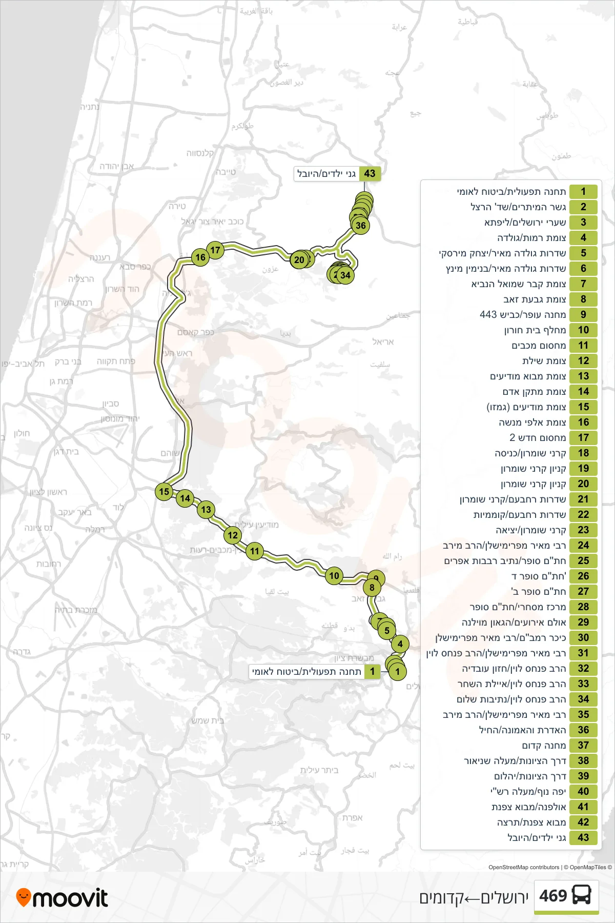 469 bus Line (Jerusalem‎→Kedumim) route and stops on a map