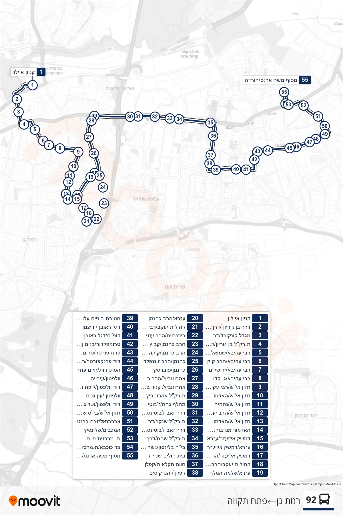 92 bus Line (Ramat Gan‎→Petah Tikva) route and stops on a map