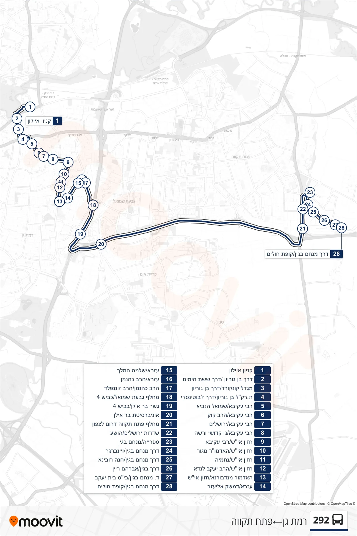 292 bus Line (Ramat Gan→Petah Tikva) route and stops on a map