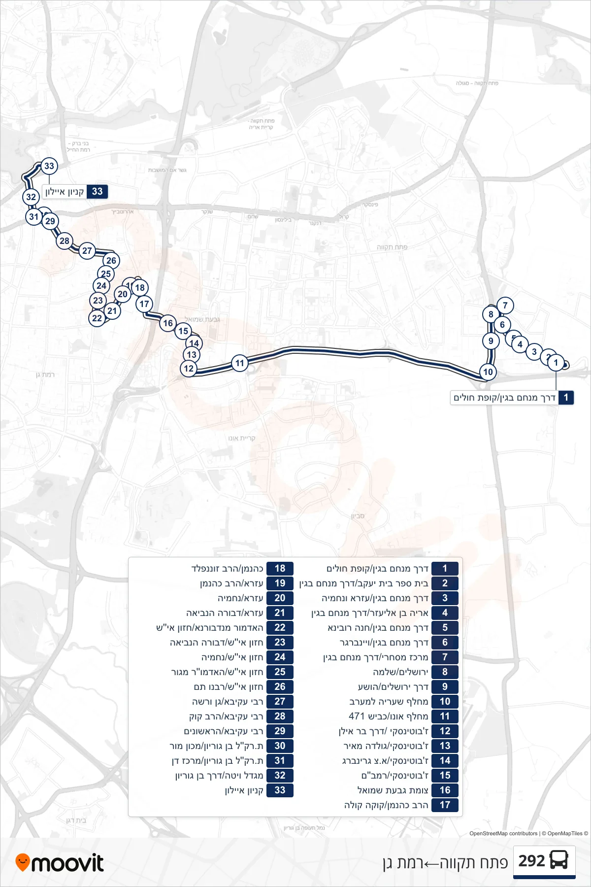 292 bus Line (Petah Tikva‎→Ramat Gan) route and stops on a map