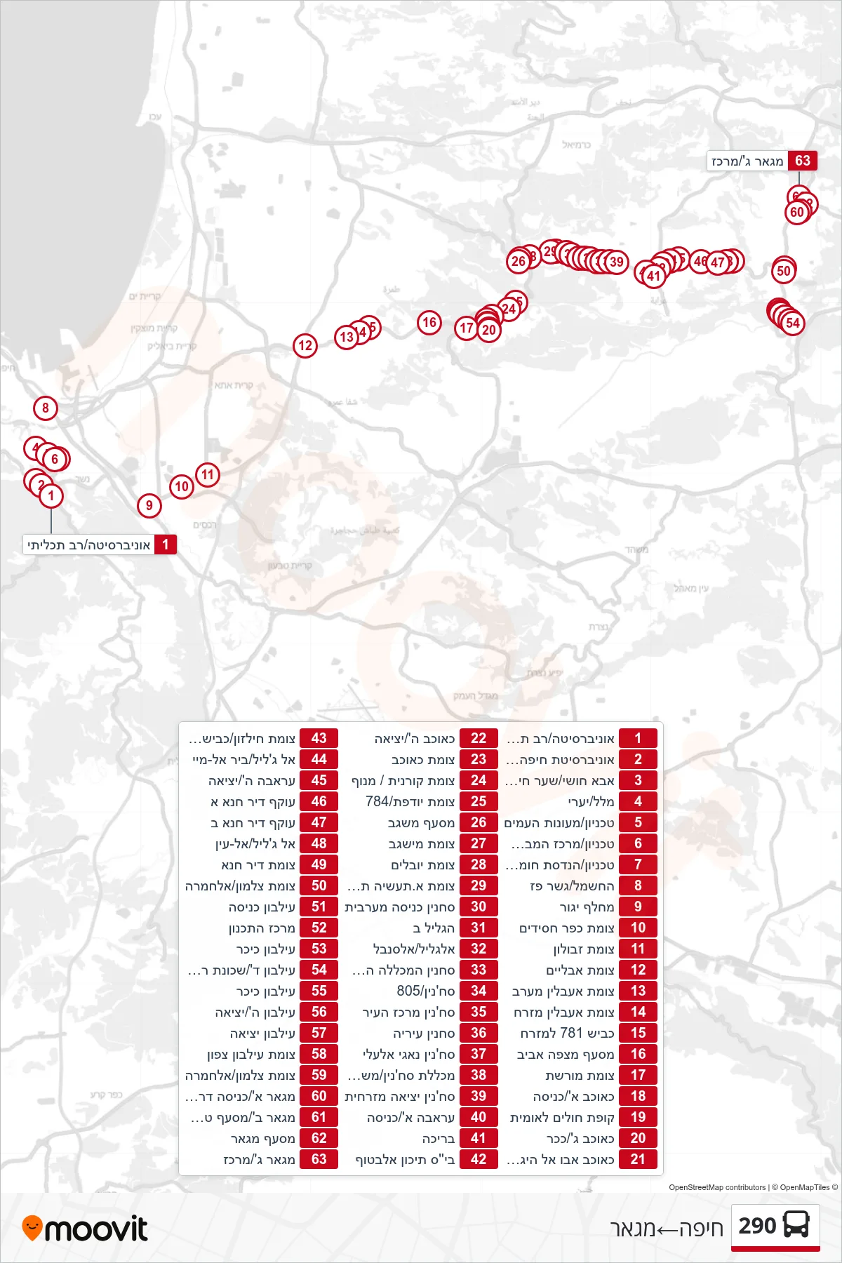 290 bus Line (Haifa‎→Maghar) route and stops on a map