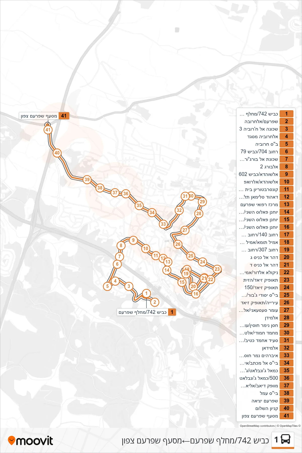 1 bus Line (Road 742/Shfaram Interchange‎→Shfaram North Junction) route and stops on a map