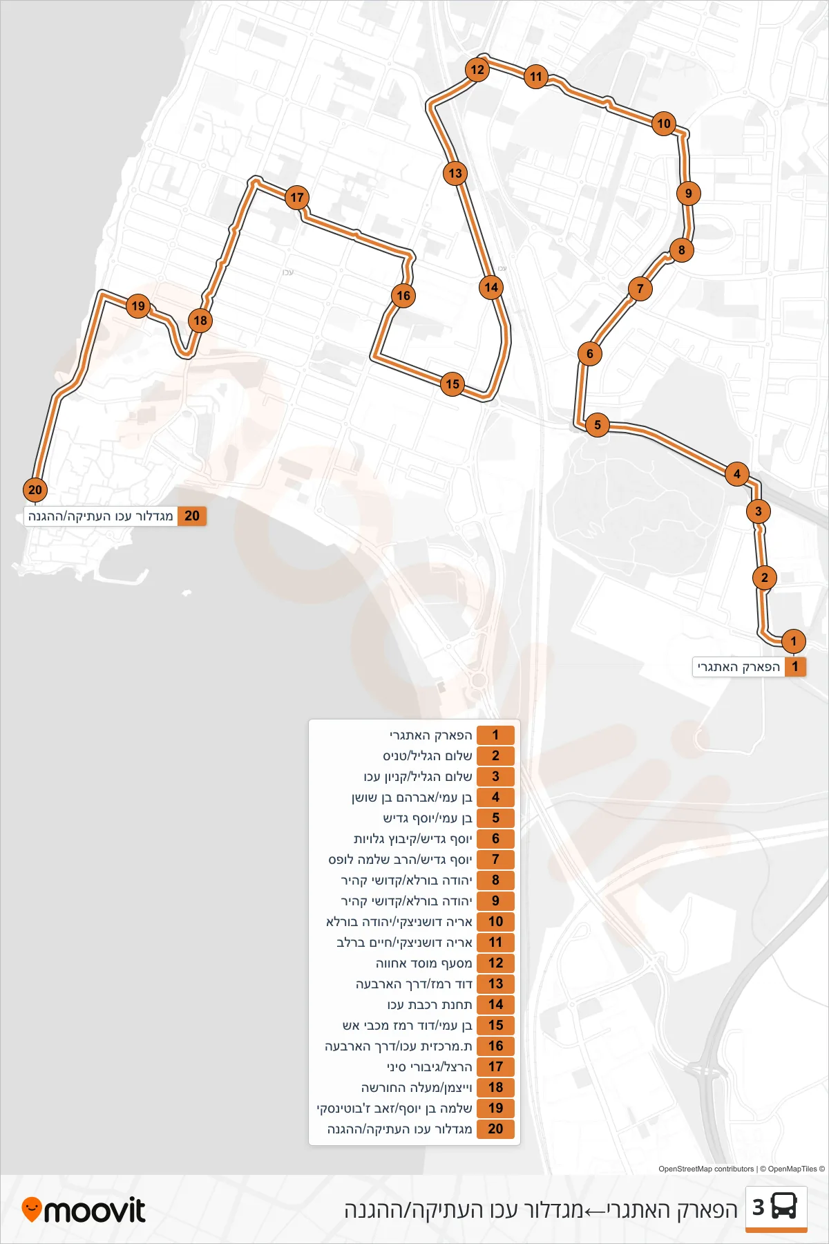 3 bus Line (Adventure Park‎→Acre Old City Lighthouse/HaHagana) route and stops on a map