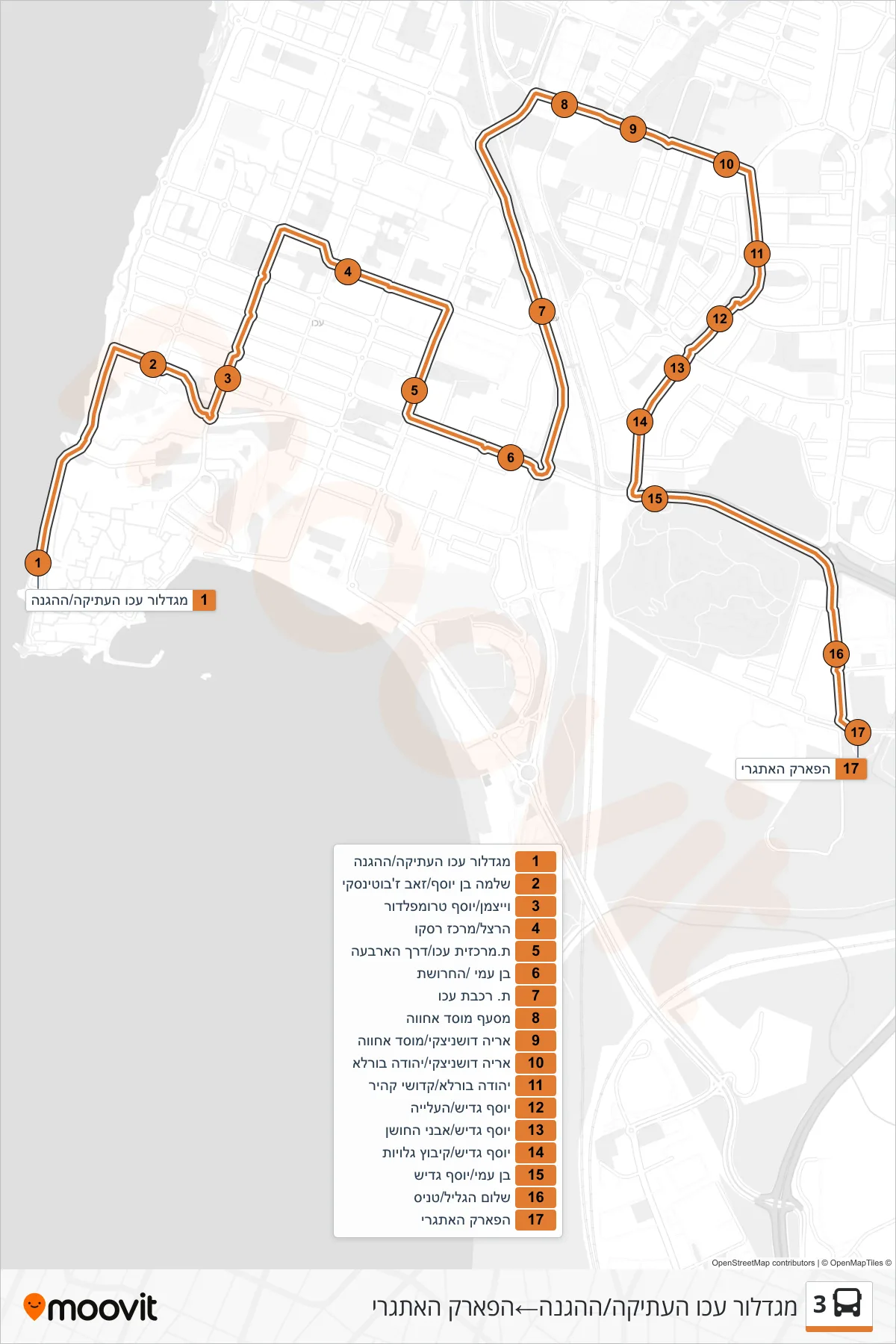 3 bus Line (Acre Old City Lighthouse/HaHagana‎→Adventure Park) route and stops on a map