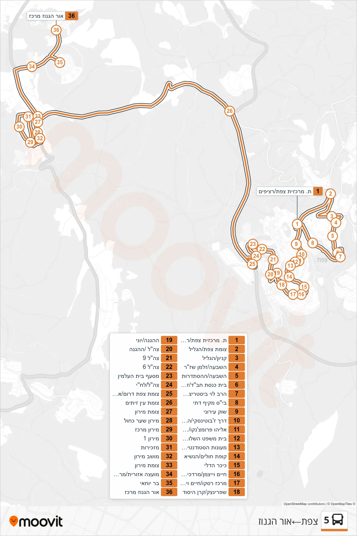 5 bus Line (Safed‎→Or HaGanuz) route and stops on a map