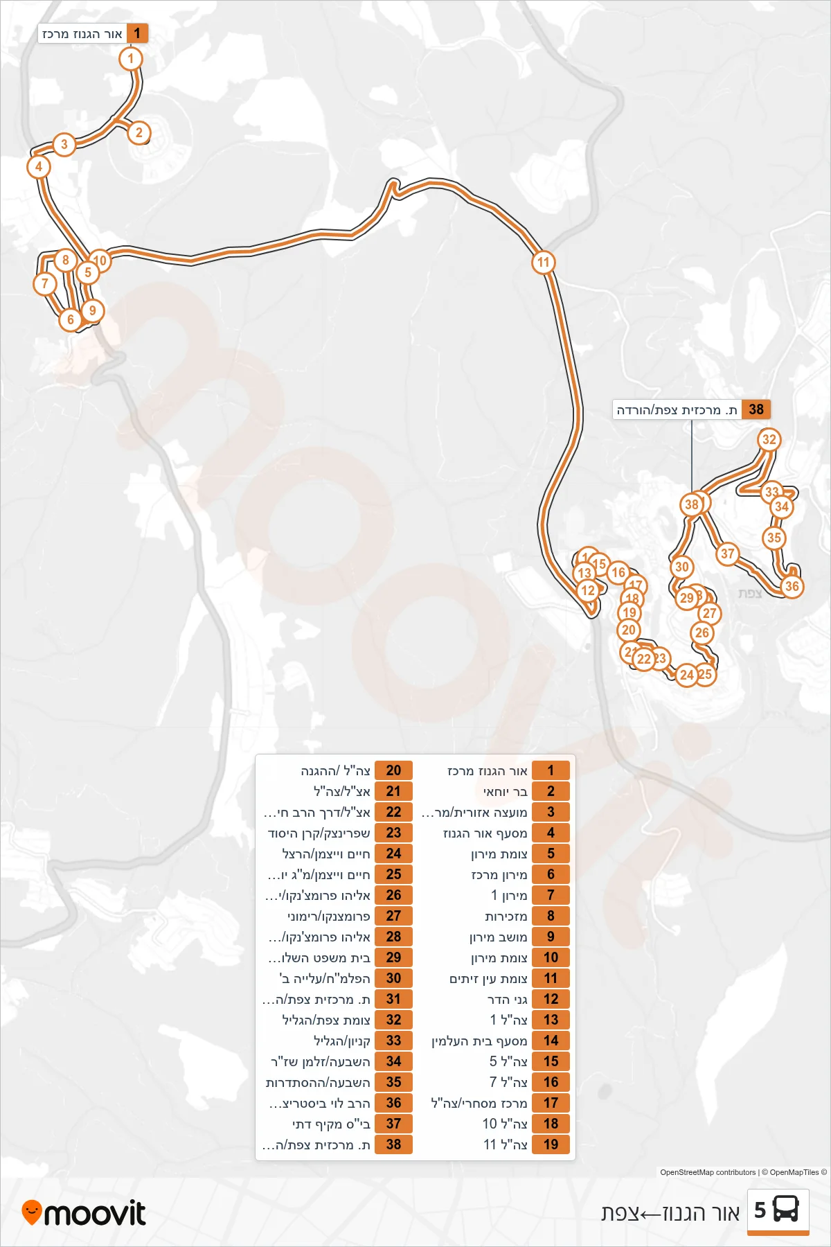 5 bus Line (Or HaGanuz‎→Safed) route and stops on a map