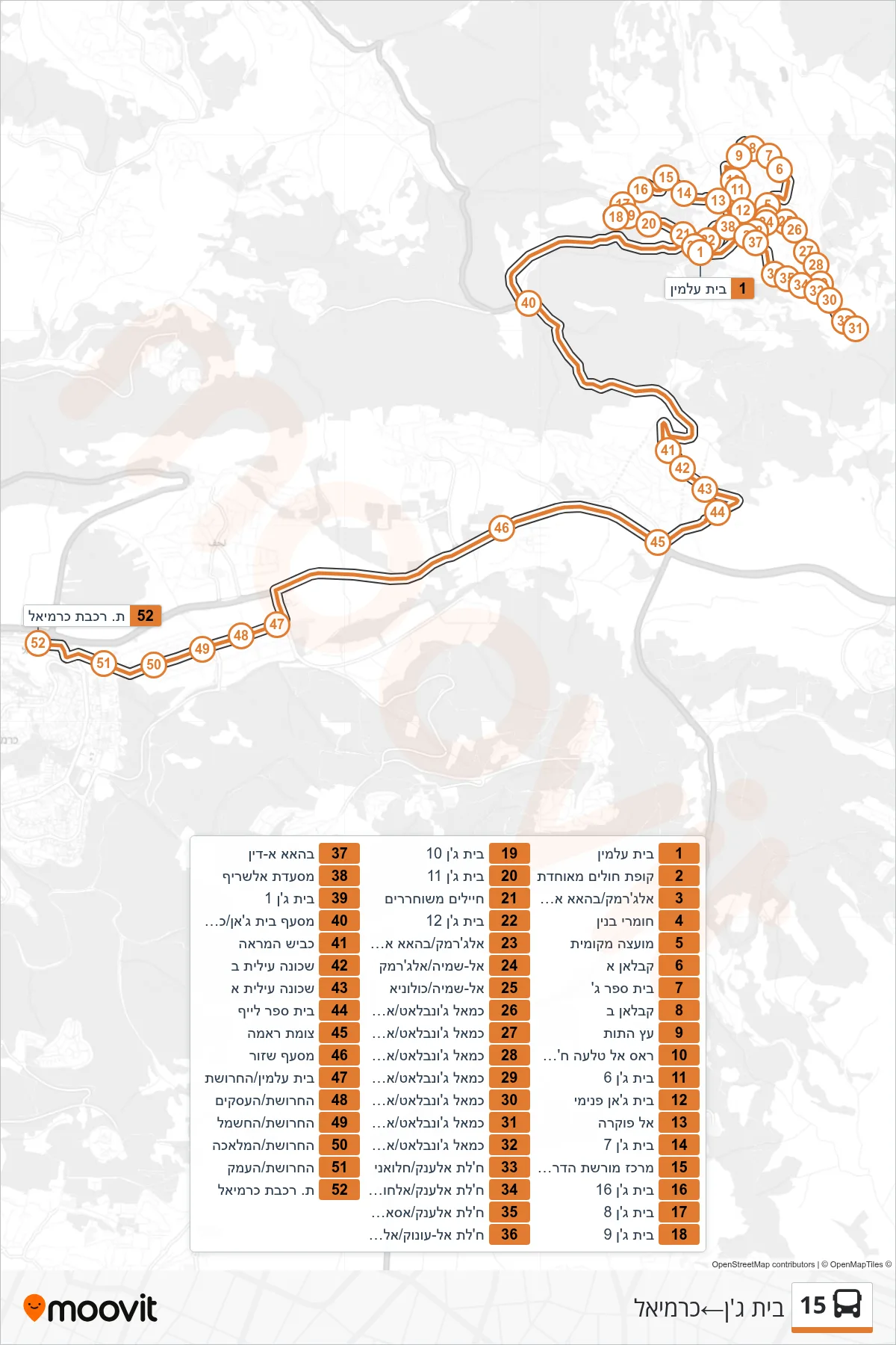 15 bus Line (Beit Jann‎→Carmiel) route and stops on a map