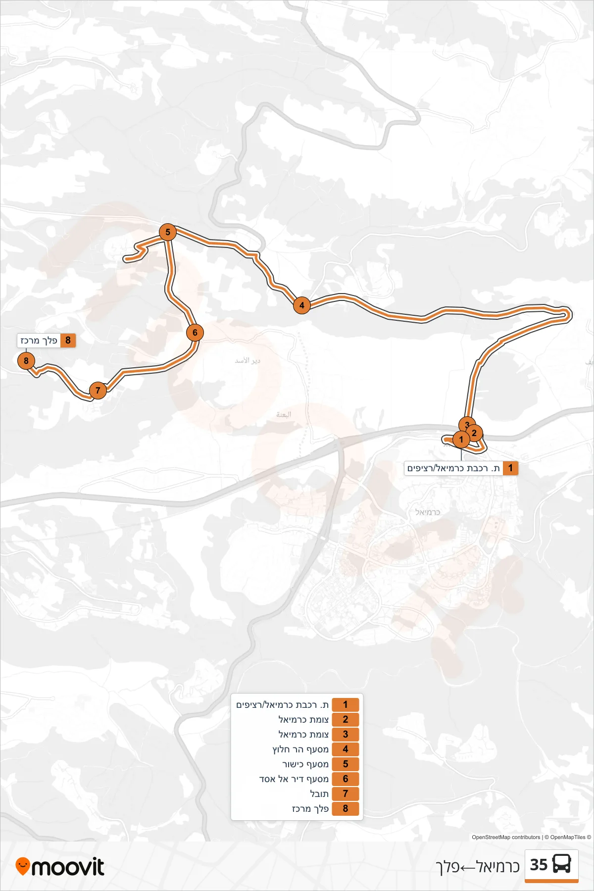 35  Line (Carmiel‎→Pelech) route and stops on a map