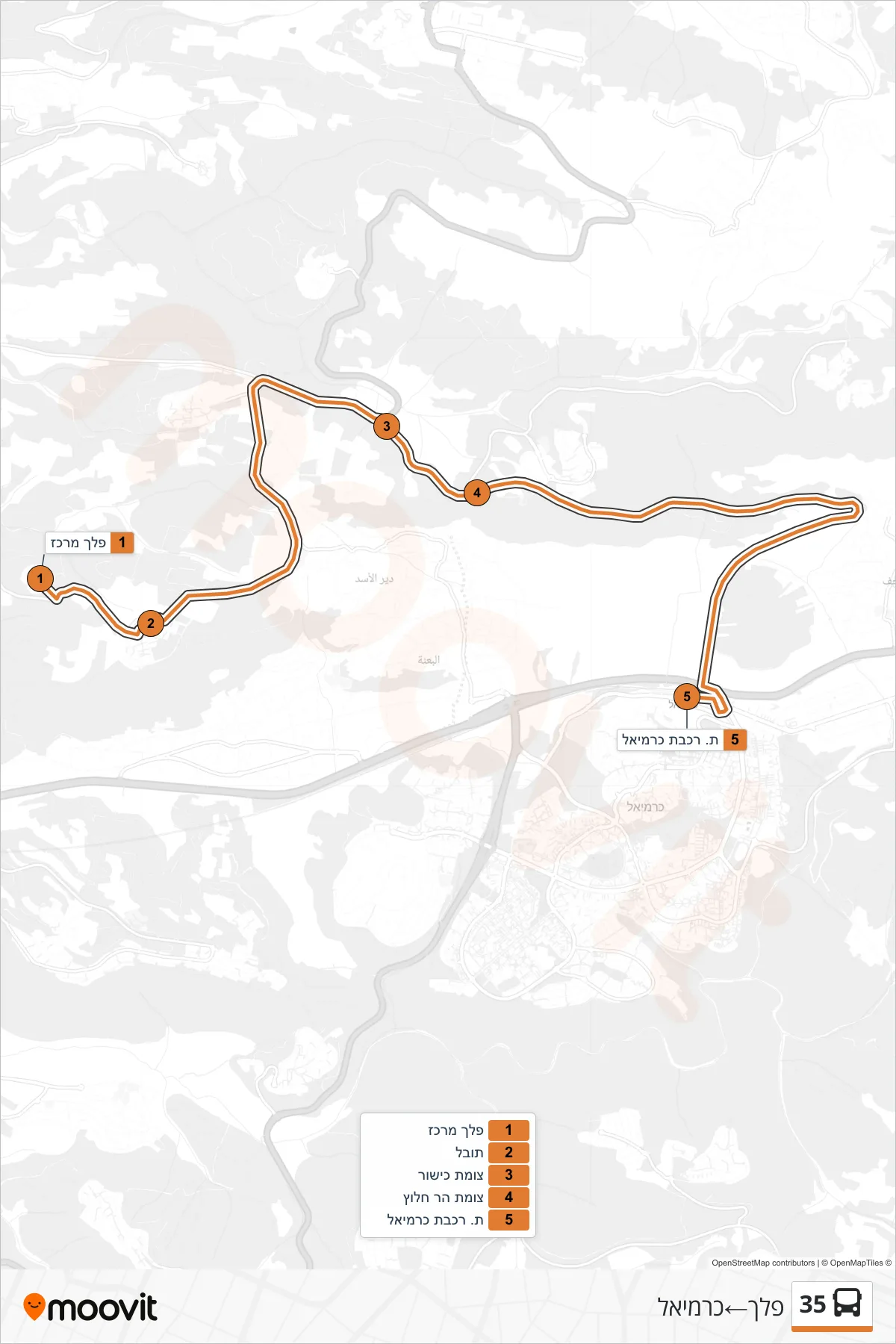 35 bus Line (Pelech‎→Carmiel) route and stops on a map