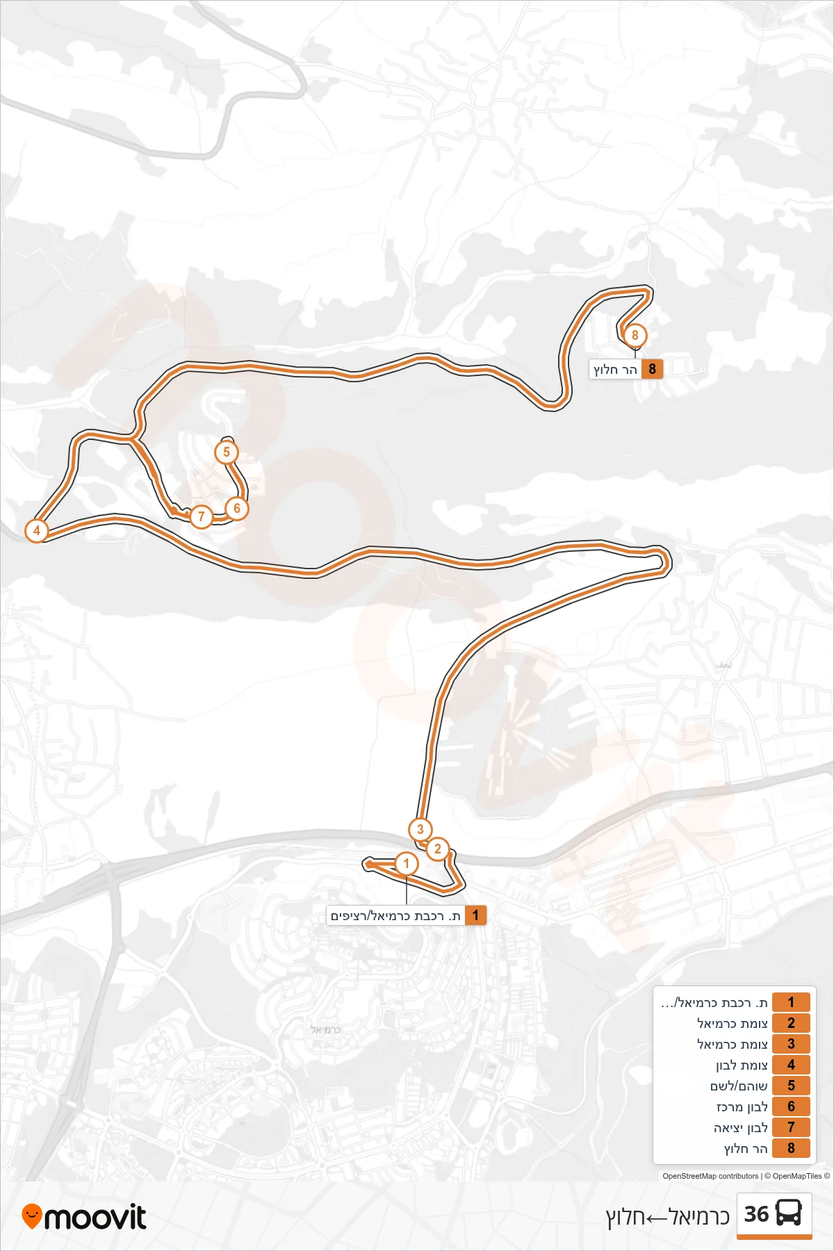 36 bus Line (Carmiel‎→Halutz) route and stops on a map