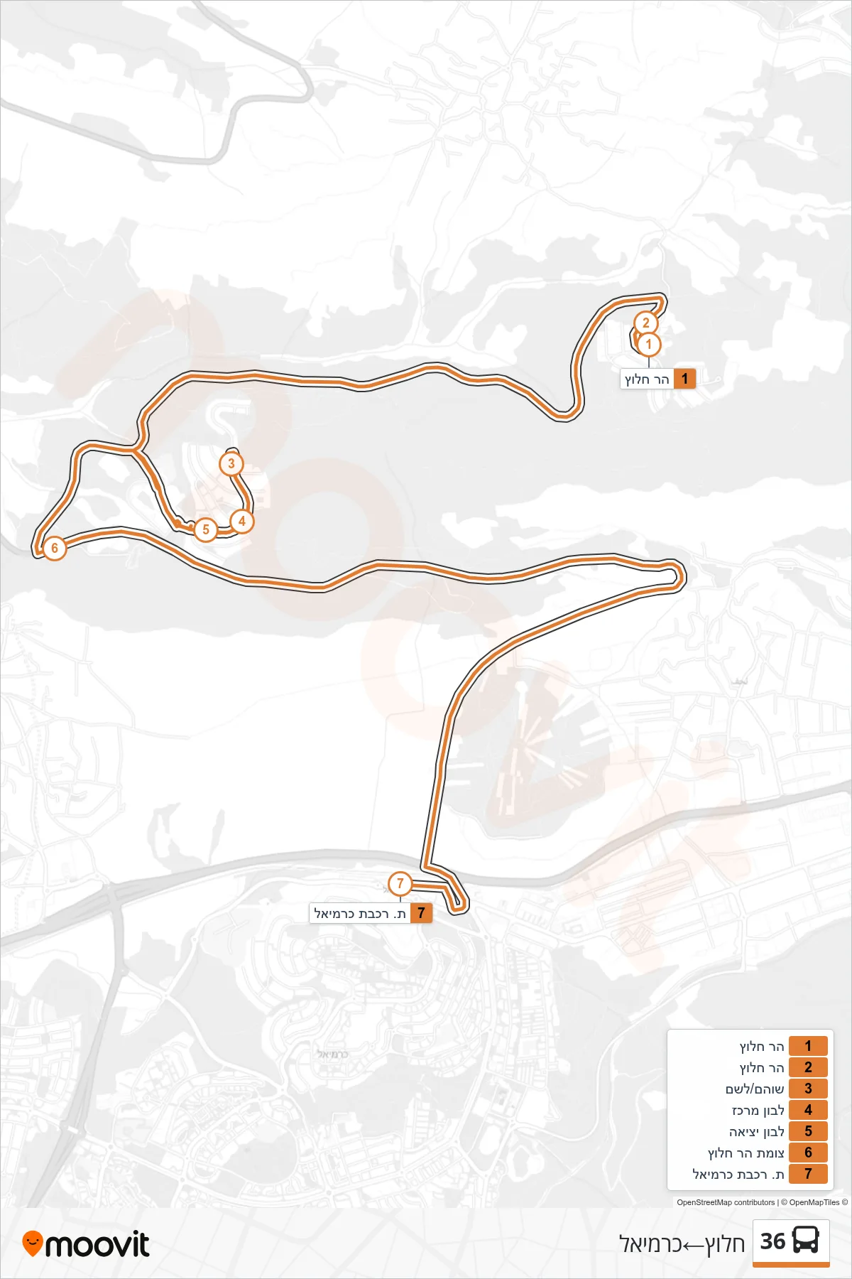 36 bus Line (Halutz‎→Carmiel) route and stops on a map