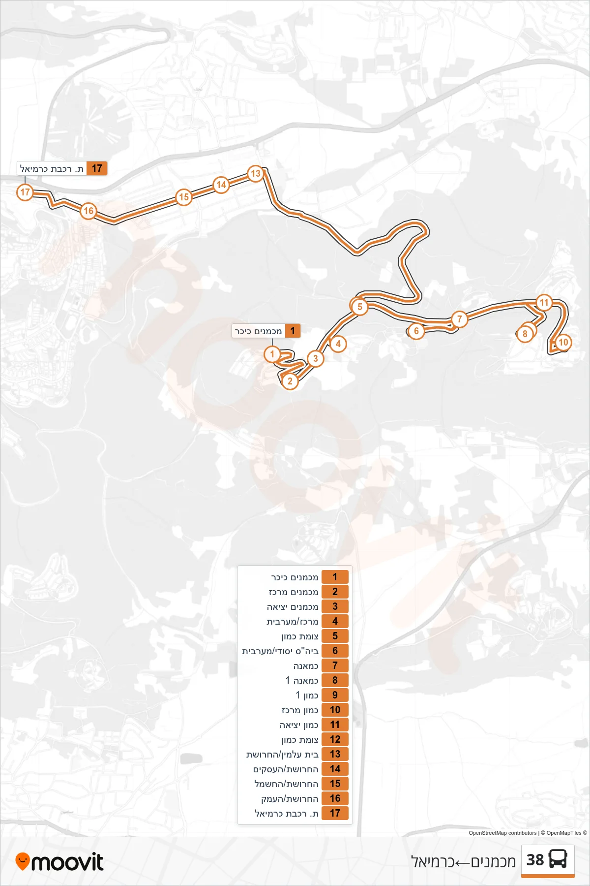 38  Line (Mikhmanim‎→Carmiel) route and stops on a map