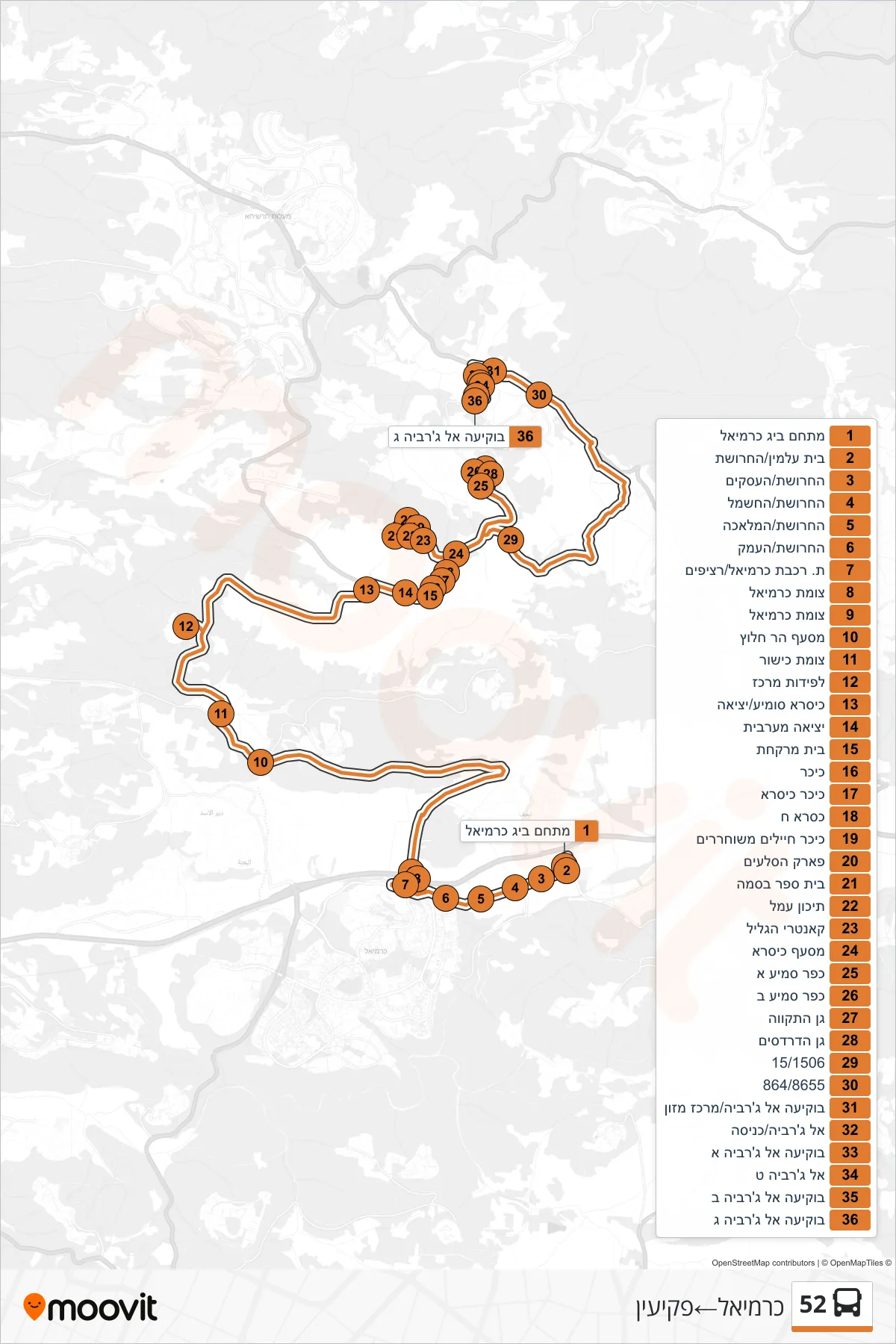 52  Line (Carmiel‎→Peki'in) route and stops on a map