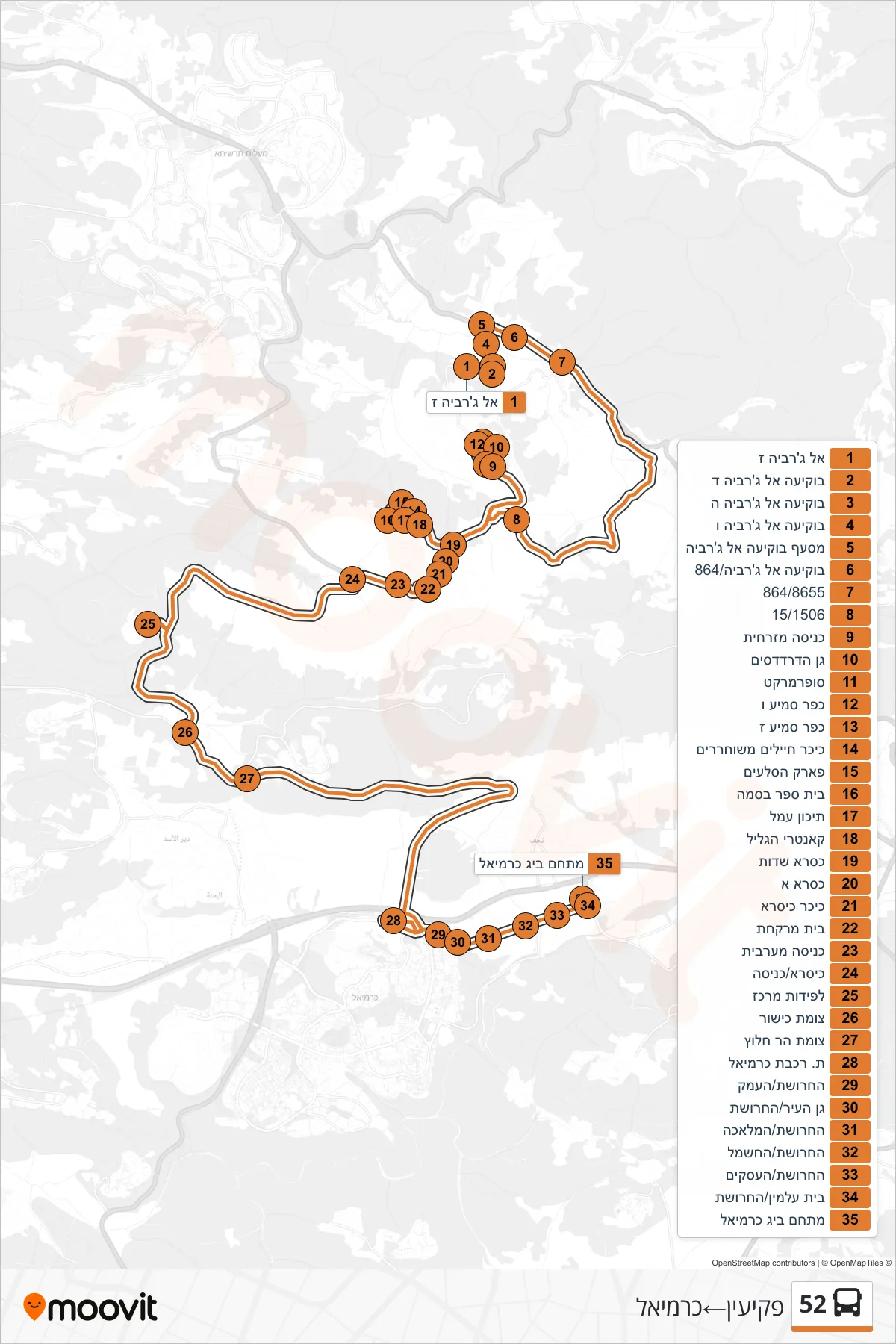 52  Line (Peki'in‎→Carmiel) route and stops on a map