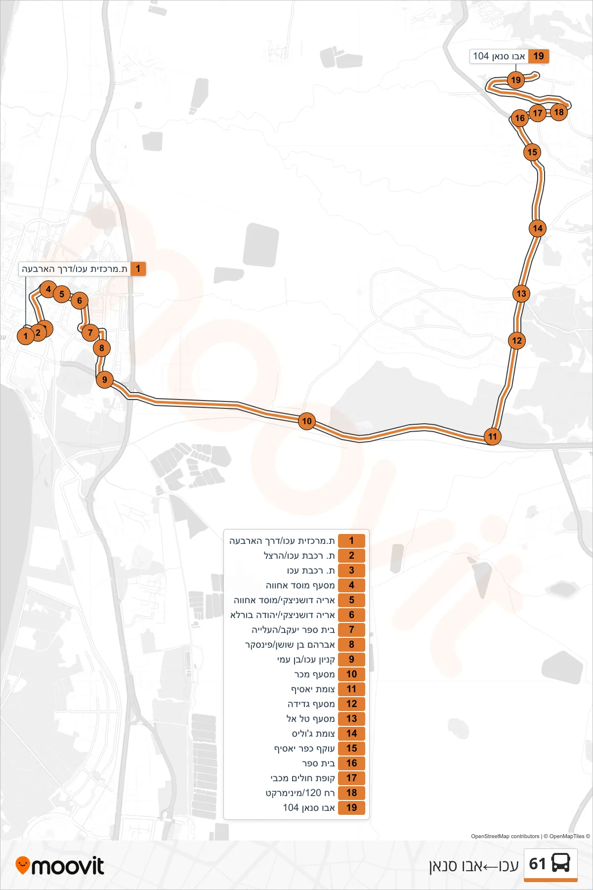 61 bus Line (Acre‎→Abu Sinan) route and stops on a map