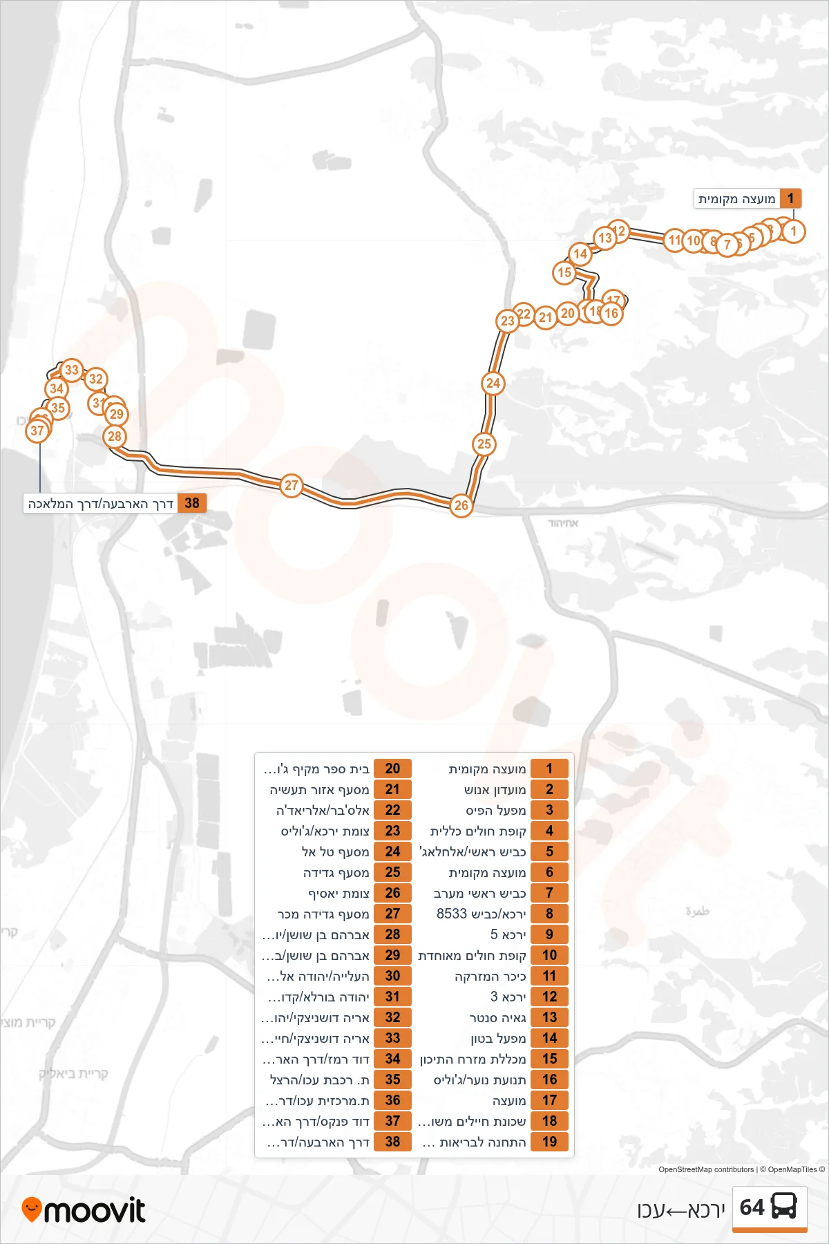 64 bus Line (Yarka‎→Acre) route and stops on a map