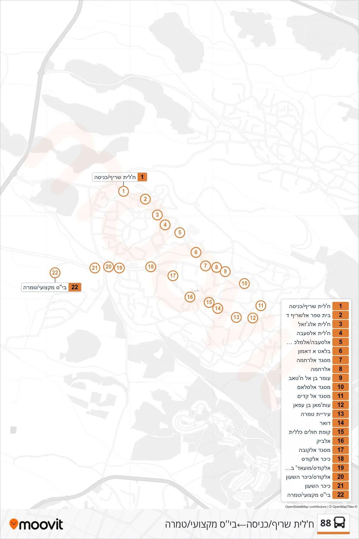 88  Line (Khalit Sharif/Entrance‎→Vocational School/Tamra) route and stops on a map