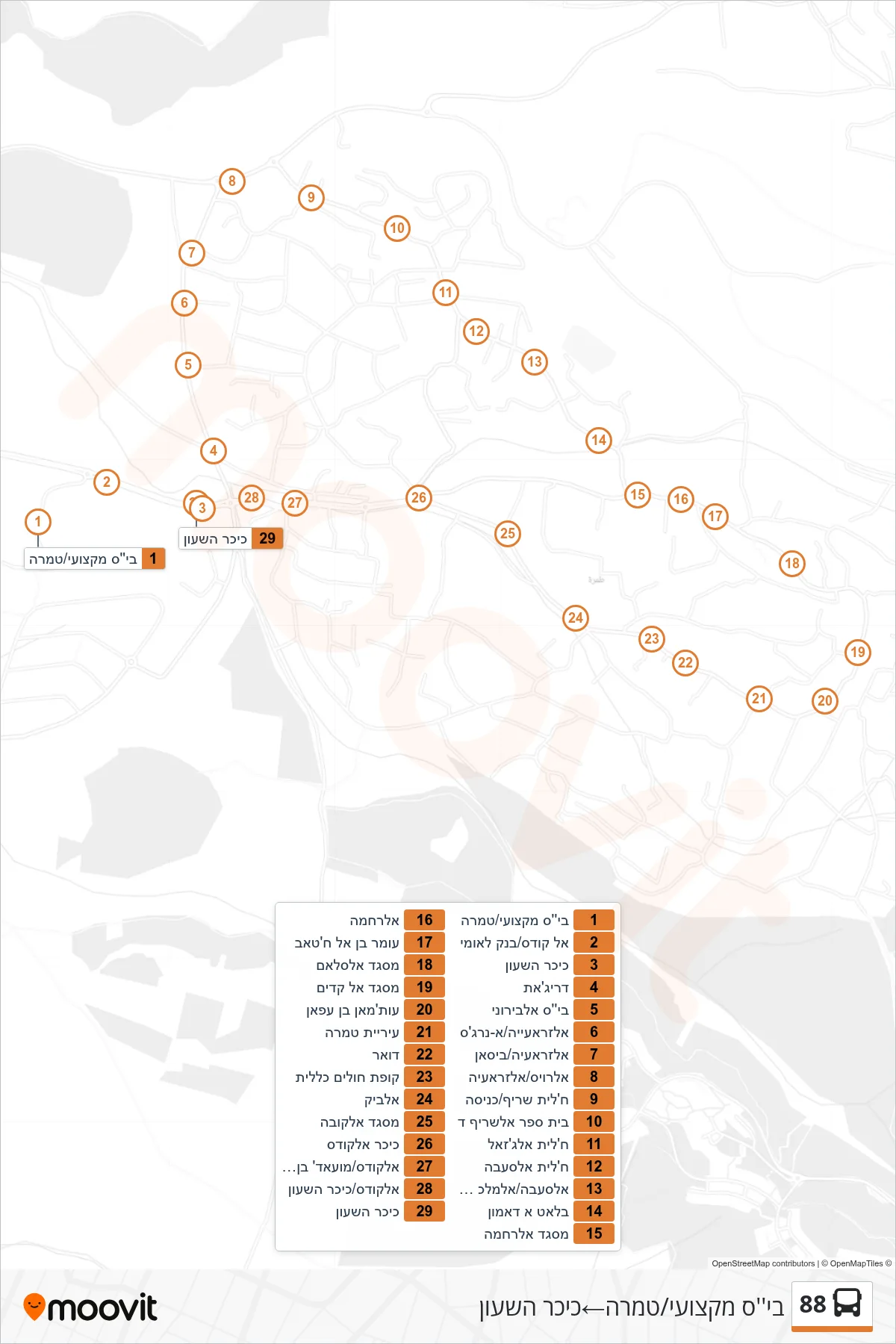 88 bus Line (Vocational School/Tamra‎→Clock Tower) route and stops on a map