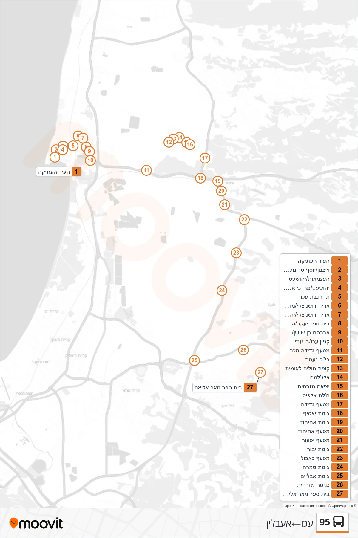 95 bus Line (Acre‎→I'billin) route and stops on a map
