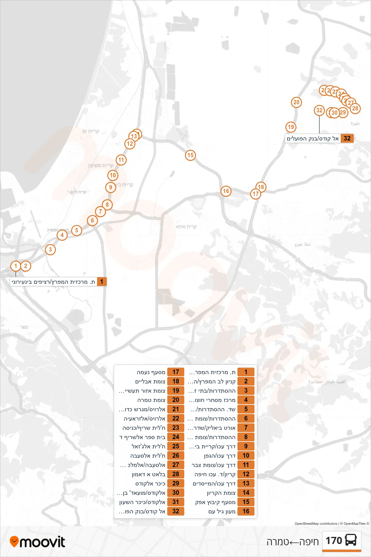 170 bus Line (Haifa‎→Tamra) route and stops on a map