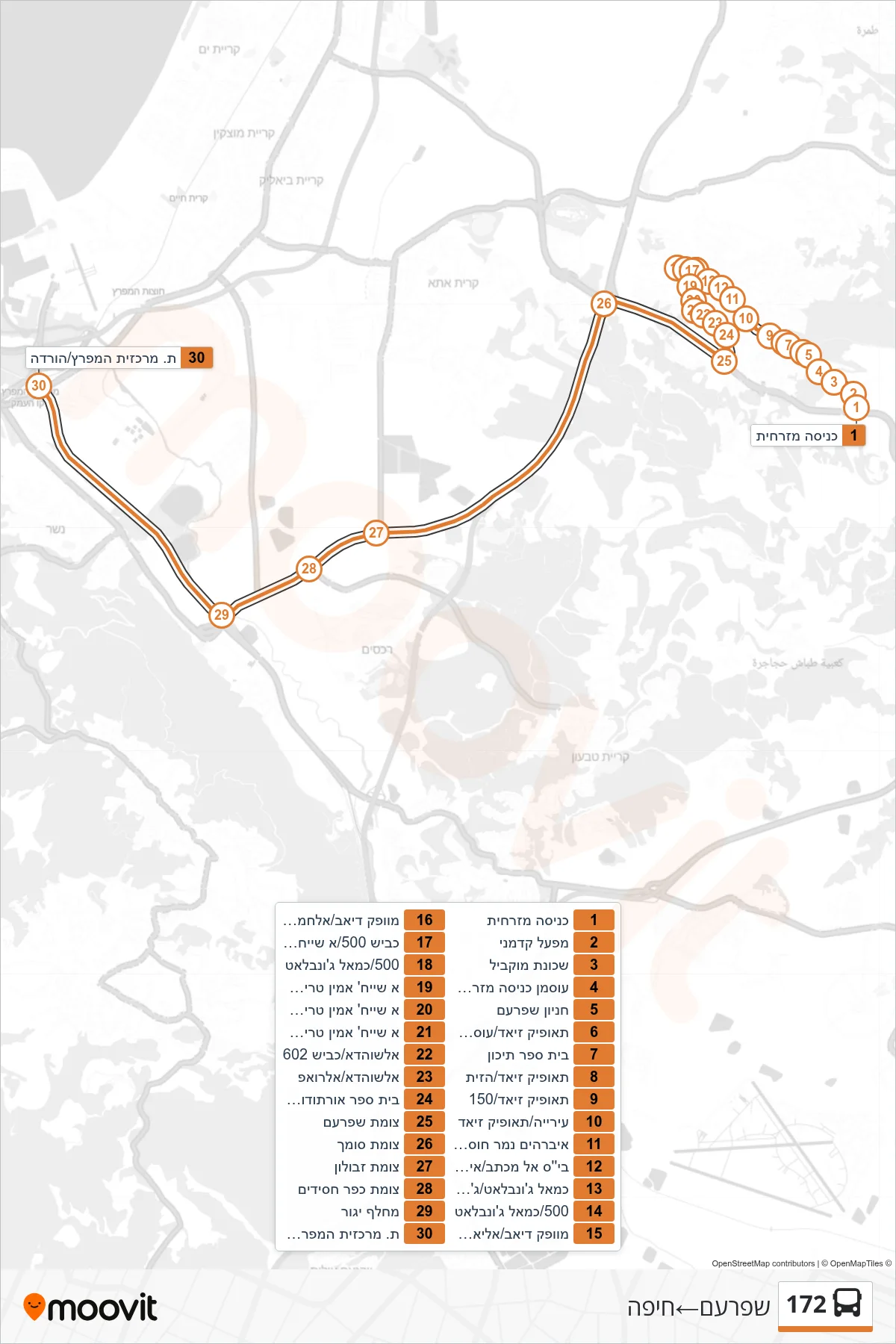 172 bus Line (Shfar'am‎→Haifa) route and stops on a map
