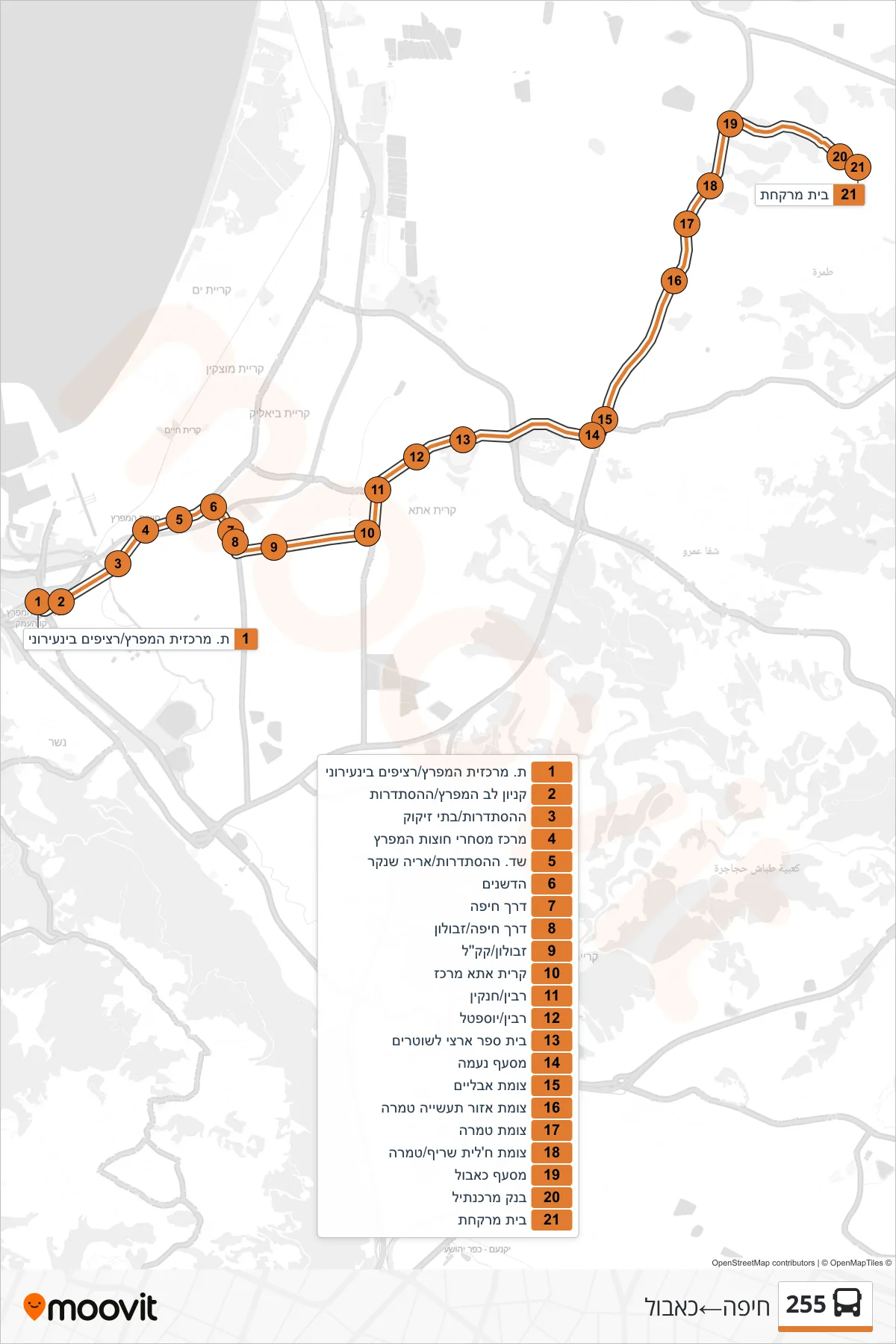 255 bus Line (Haifa‎→Kabul) route and stops on a map
