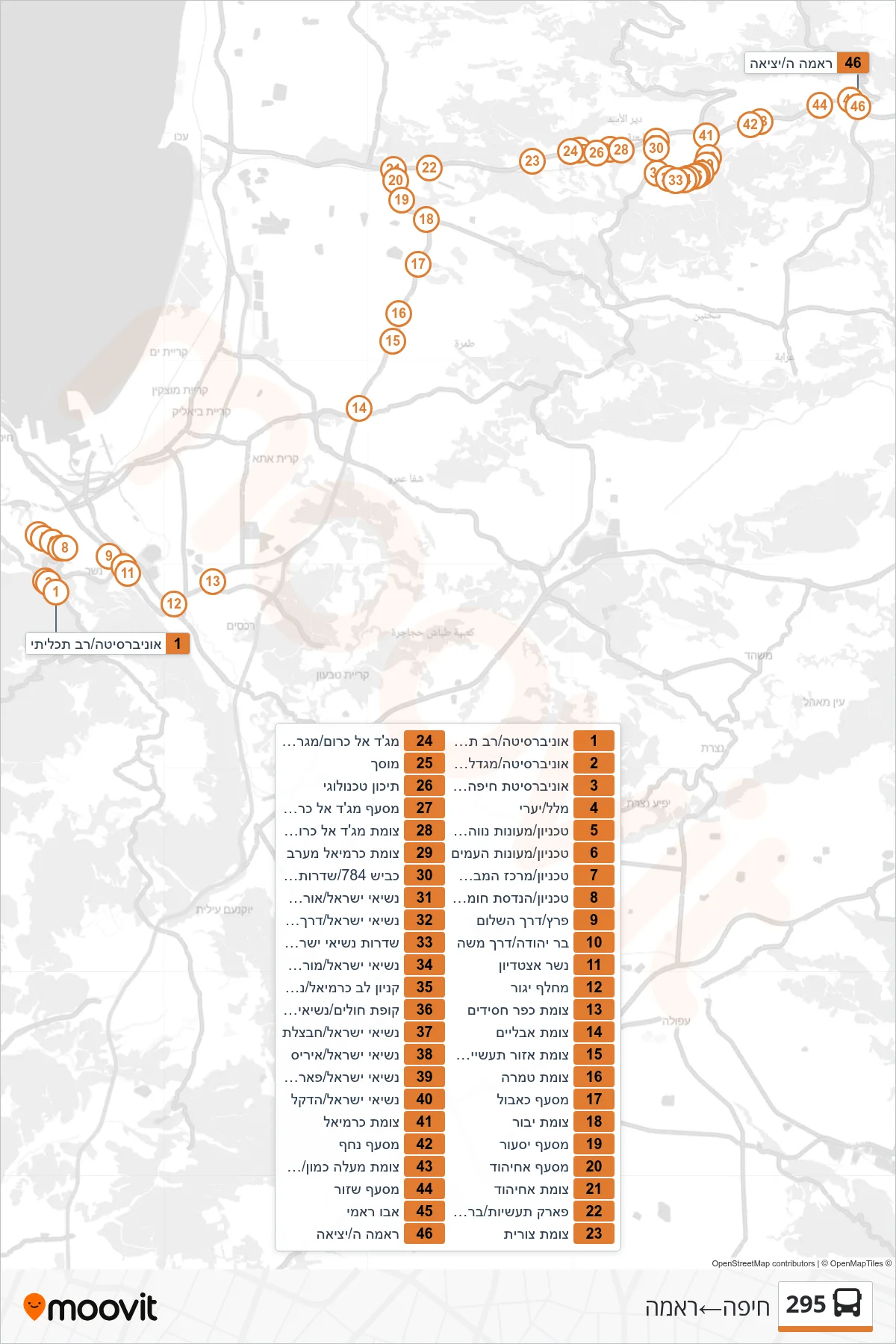 295 bus Line (Haifa‎→Rama) route and stops on a map