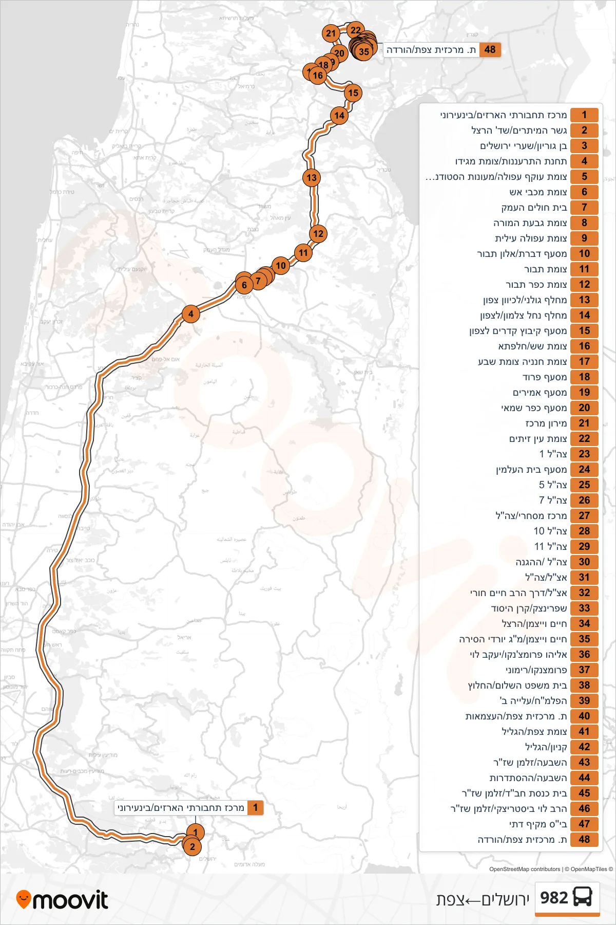982 bus Line (Jerusalem‎→Safed) route and stops on a map