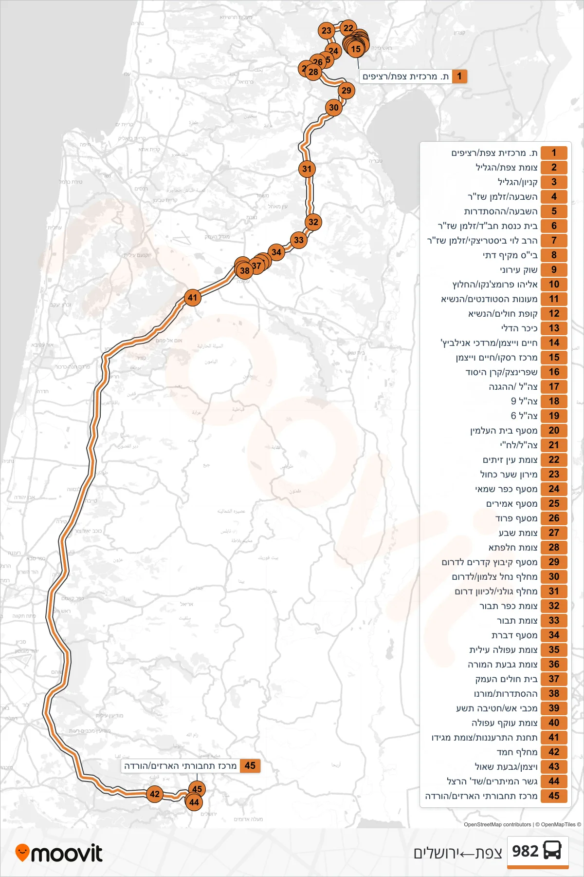 982 bus Line (Safed‎→Jerusalem) route and stops on a map