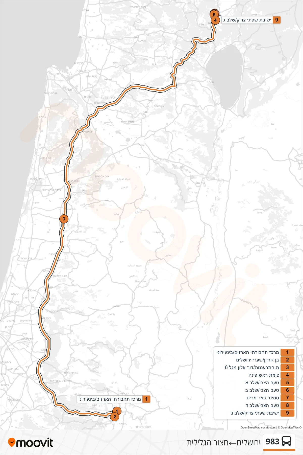 983 bus Line (Jerusalem‎→Hatzor HaGlilit) route and stops on a map