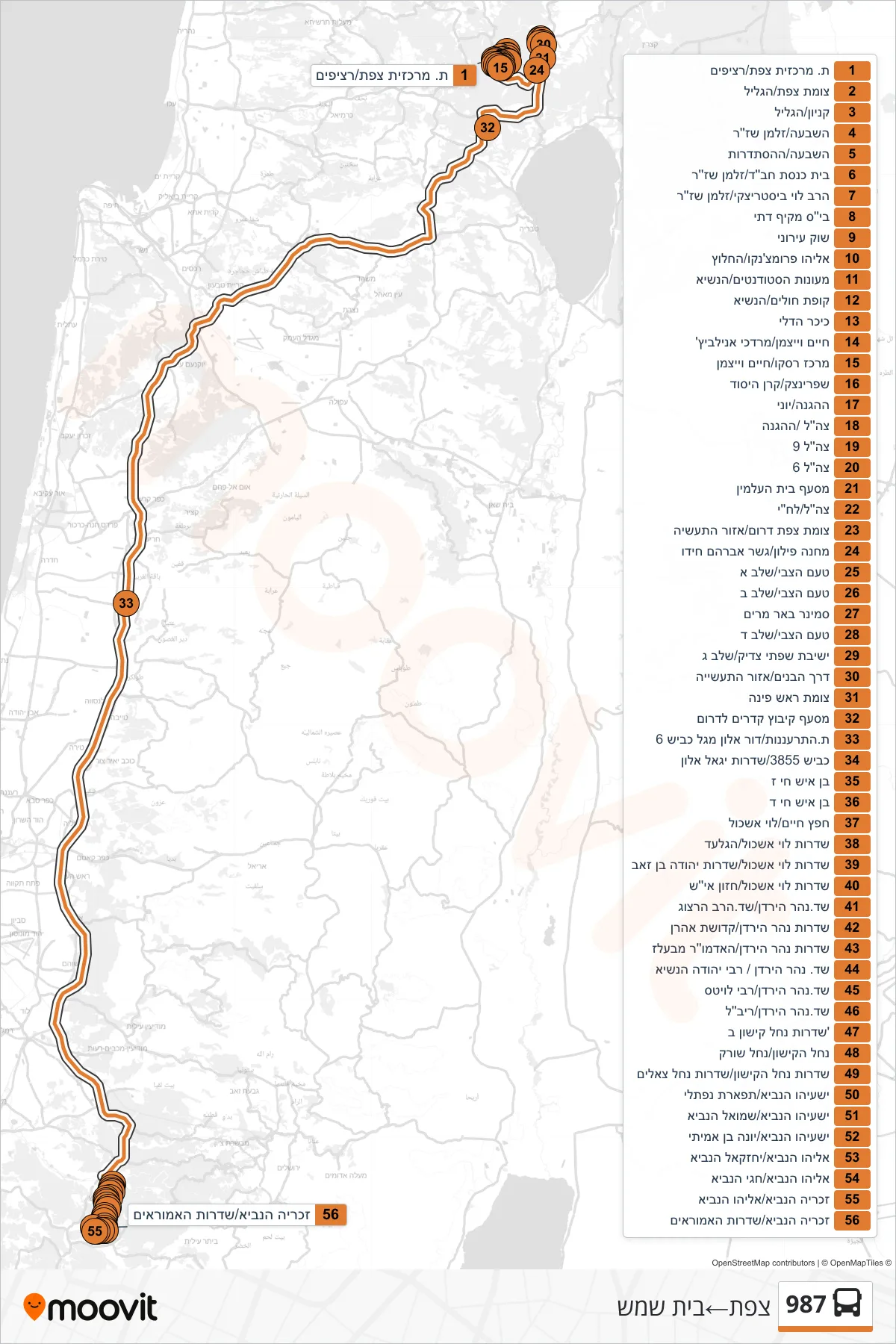 987 bus Line (Safed‎→Beit Shemesh) route and stops on a map