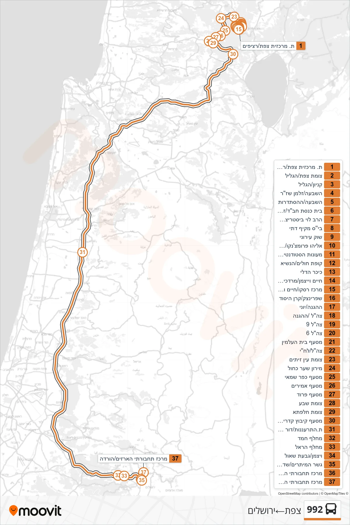 992  Line (Safed‎→Jerusalem) route and stops on a map