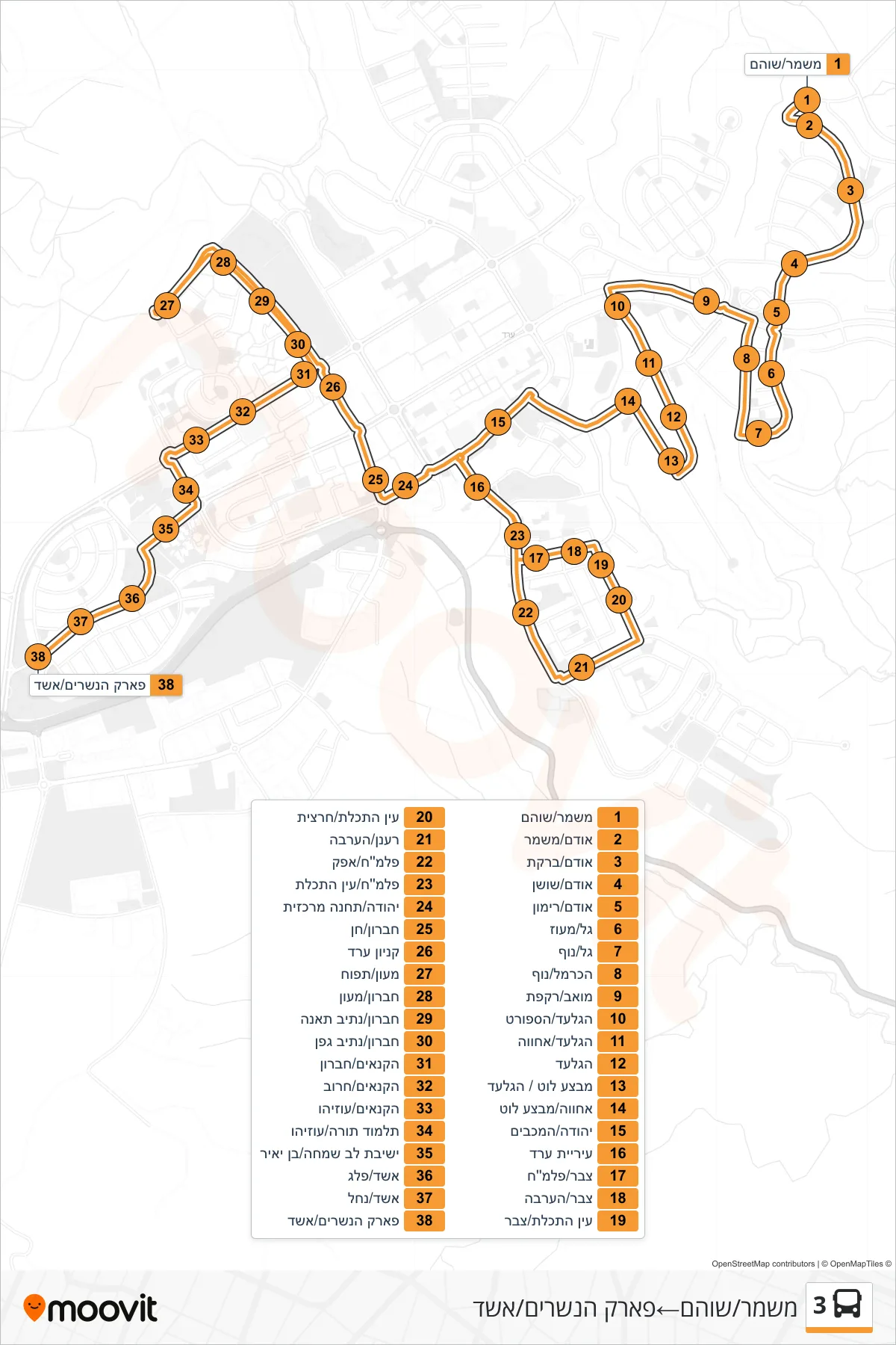 3 bus Line (Mishmar/Shoham→פארק הנשרים/אשד) route and stops on a map