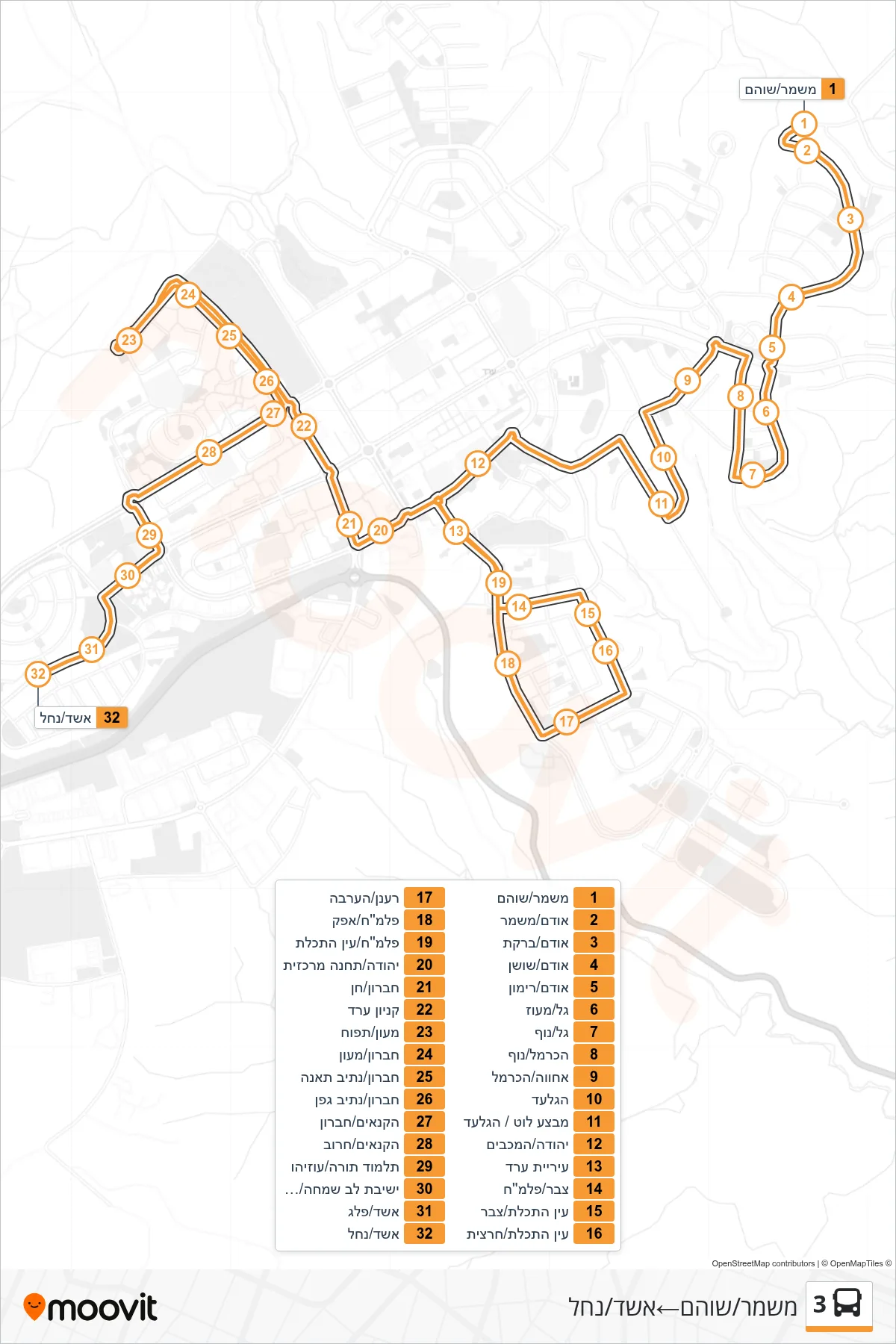 3 bus Line (Mishmar/Shoham‎→Eshed/Nachal) route and stops on a map