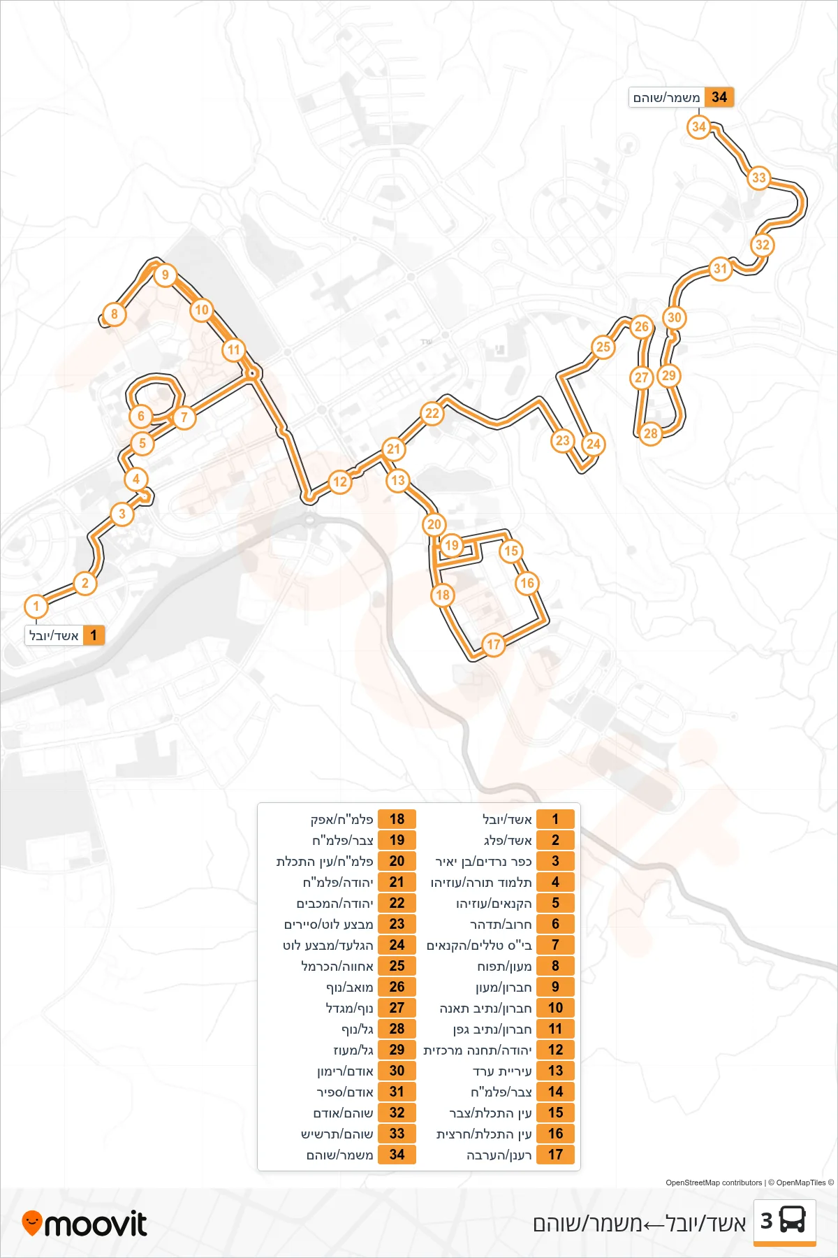 3 bus Line (Eshed/Yuval‎→Mishmar/Shoham) route and stops on a map