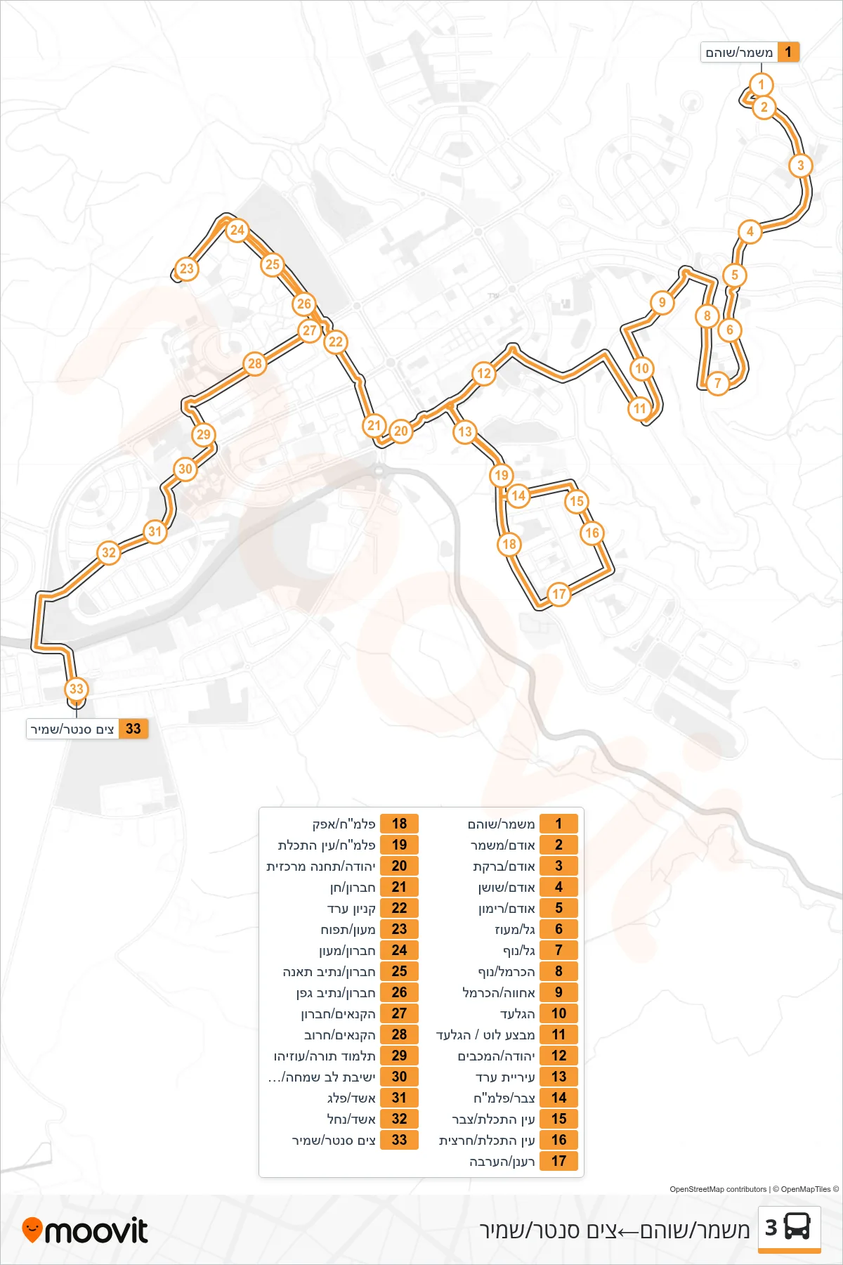 3 bus Line (Mishmar/Shoham‎→Zim Center/Shamir) route and stops on a map