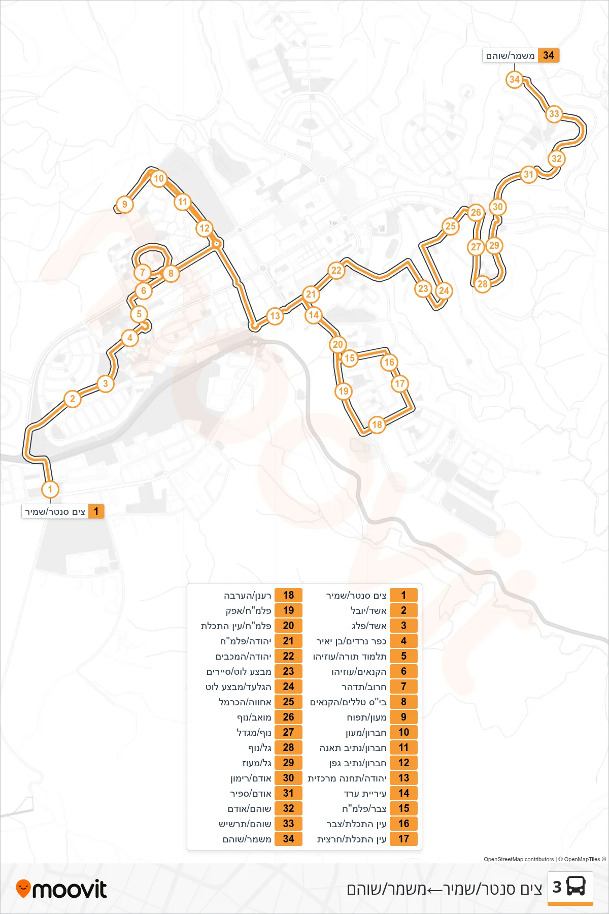3 bus Line (Zim Center/Shamir‎→Mishmar/Shoham) route and stops on a map
