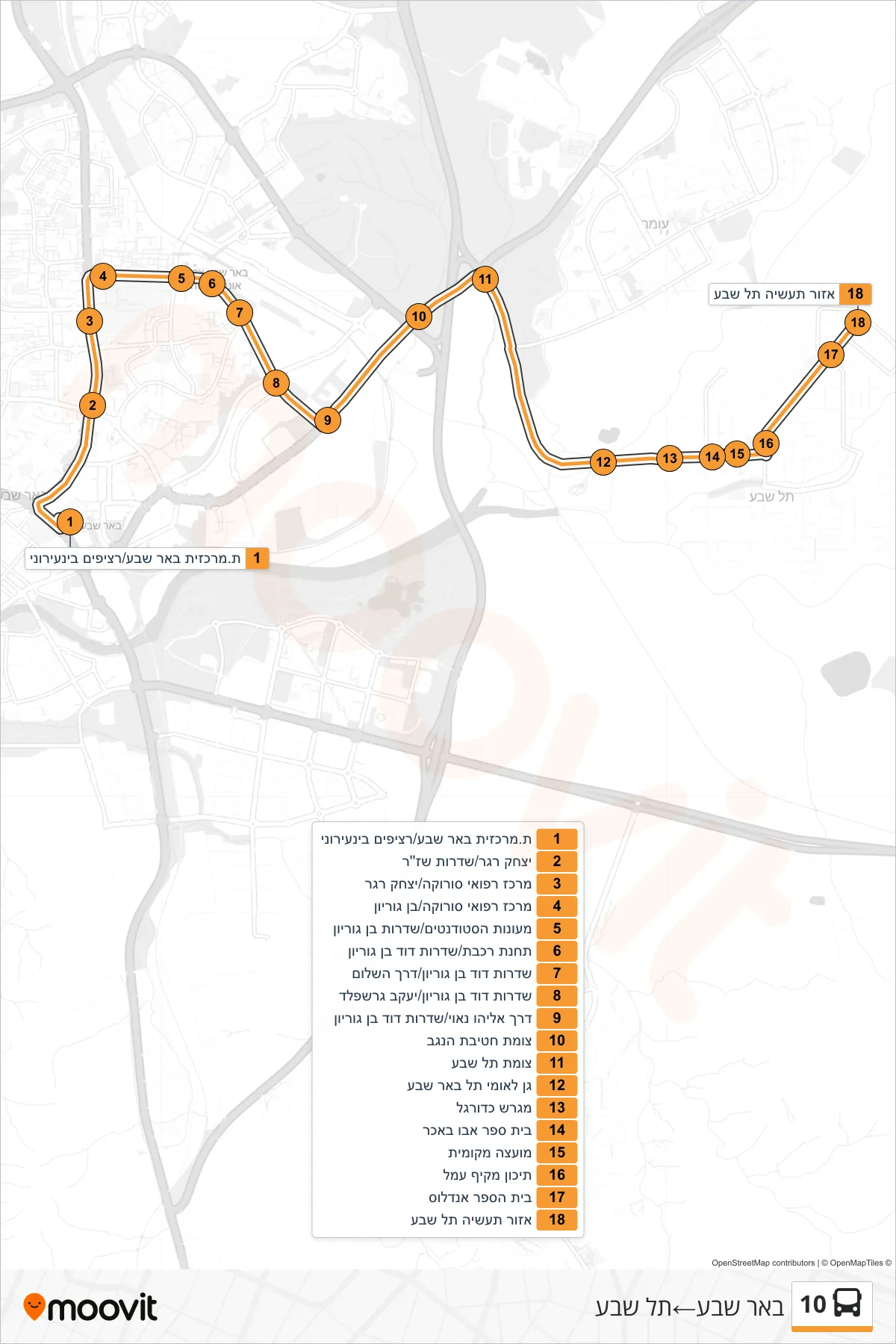 10 bus Line (Beer Sheva‎→Tel Sheva) route and stops on a map