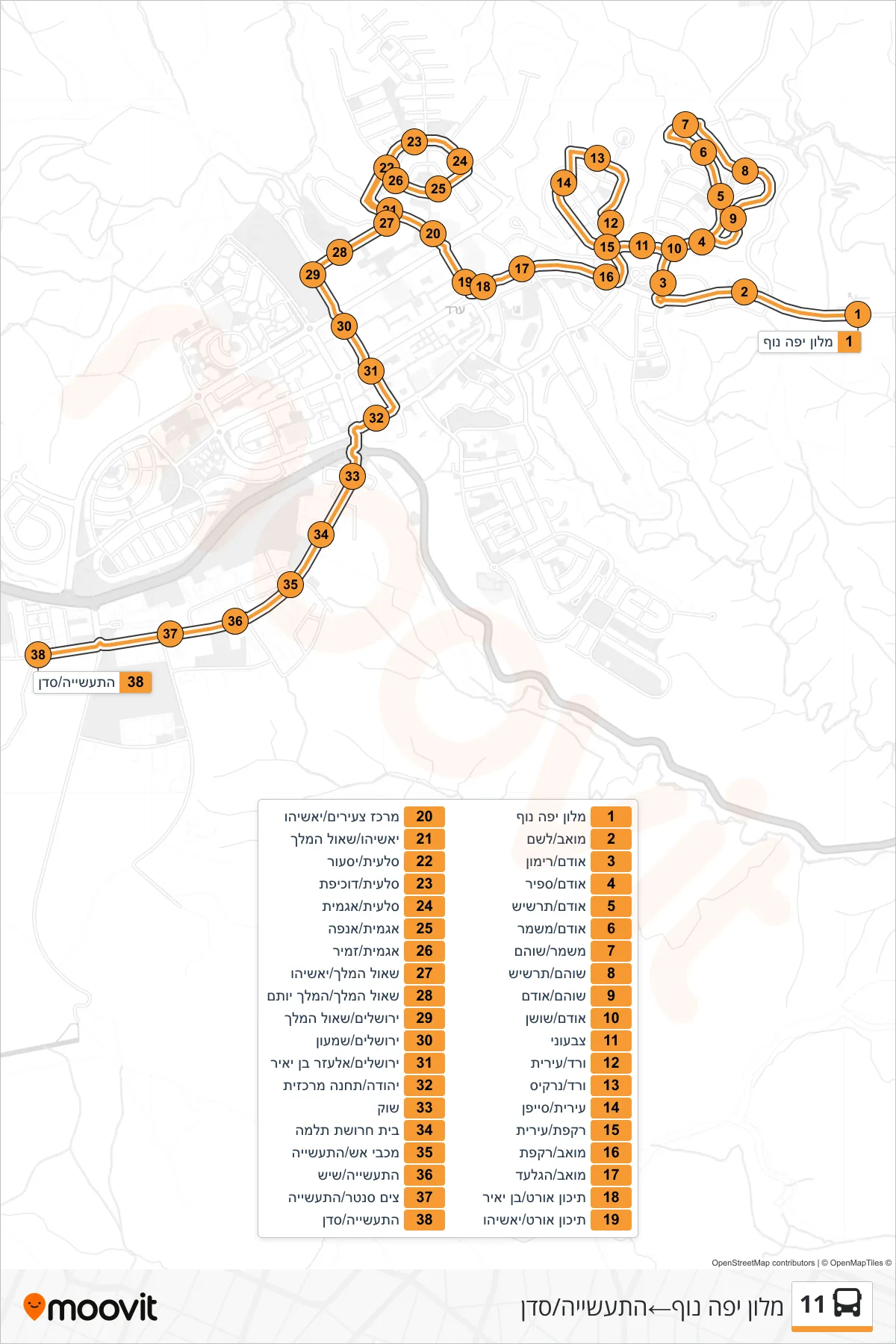 11 bus Line (Yefe Nof Hotel→HaTaasiya/Sadan) route and stops on a map