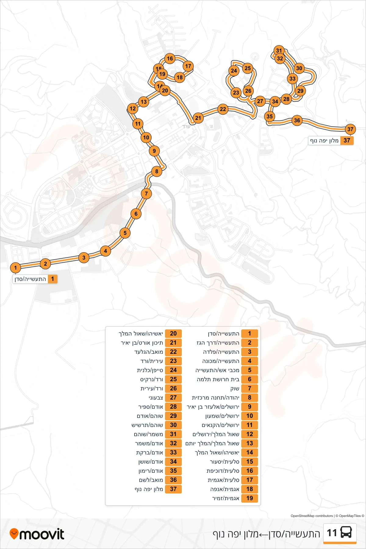 11 bus Line (HaTaasiya/Sadan→Yefe Nof Hotel) route and stops on a map