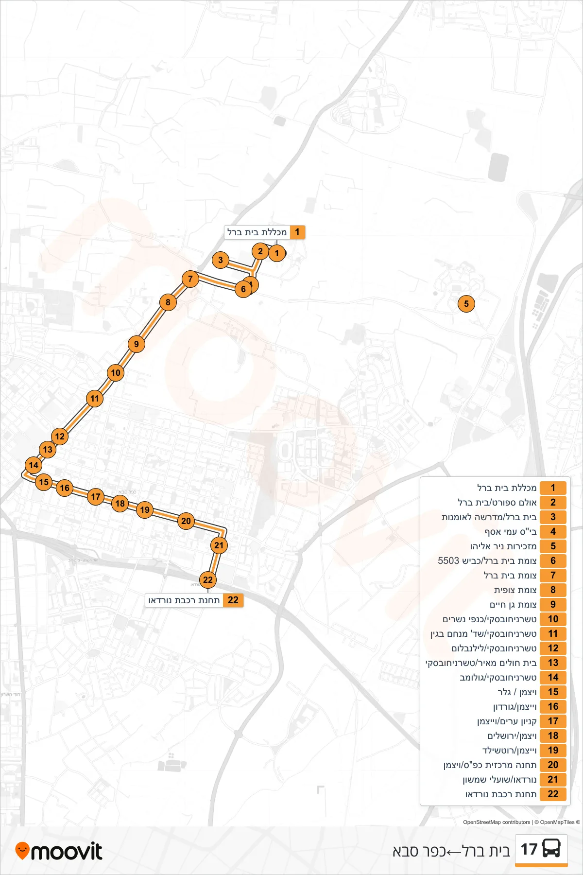 17 bus Line (Beit Berl‎→Kfar Saba) route and stops on a map