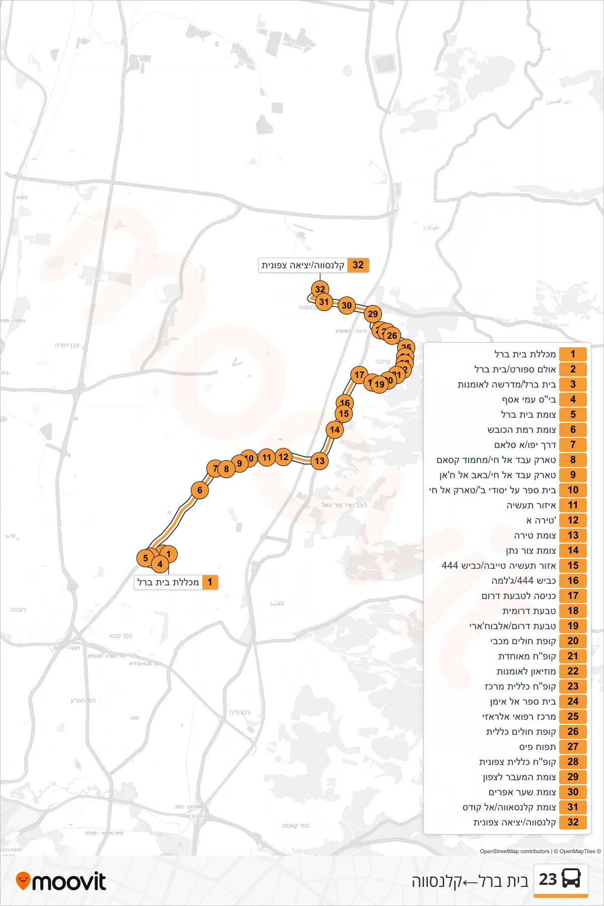 23 bus Line (Beit Berl‎→Qalansawe) route and stops on a map