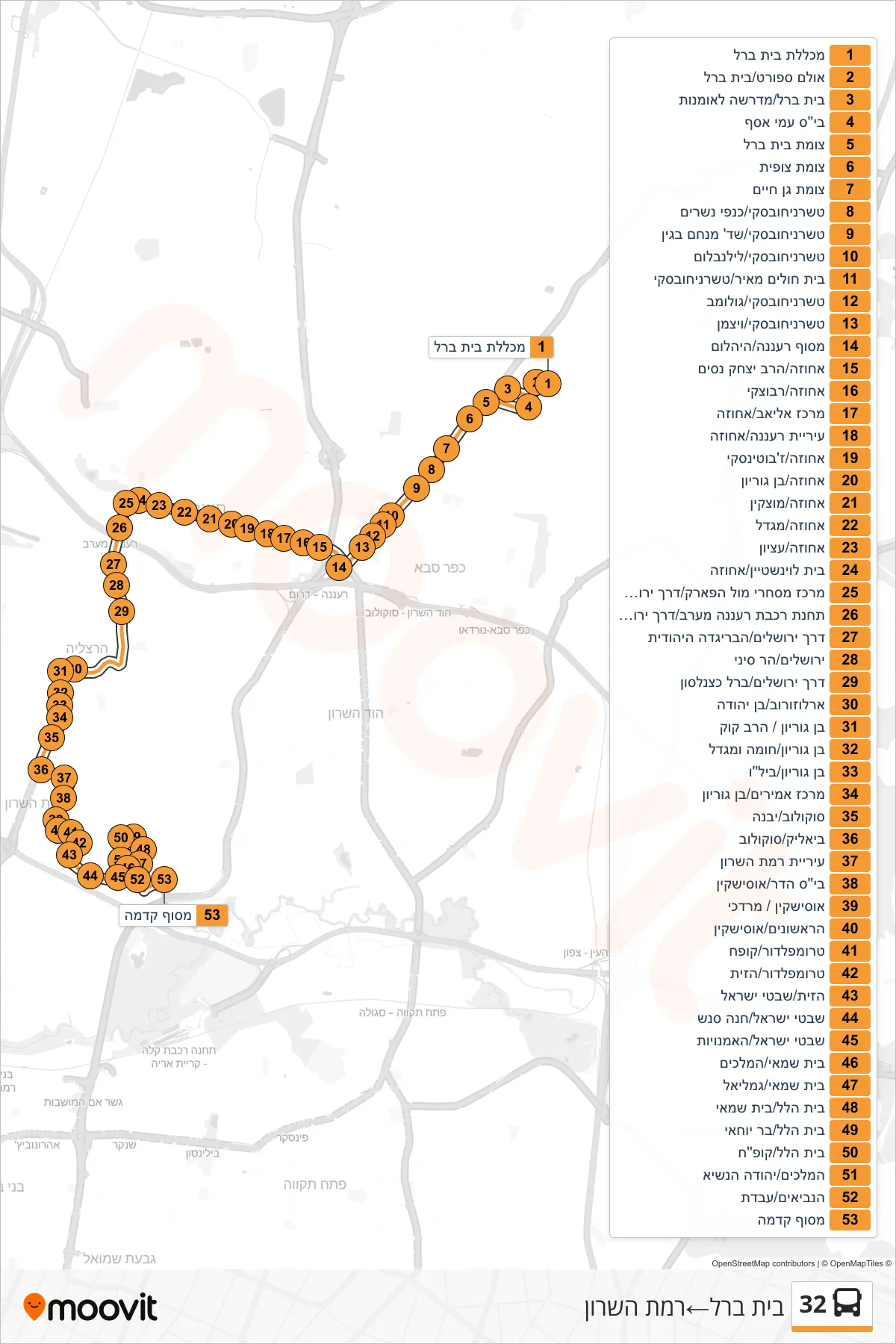 32  Line (Beit Berl‎→Ramat HaSharon) route and stops on a map