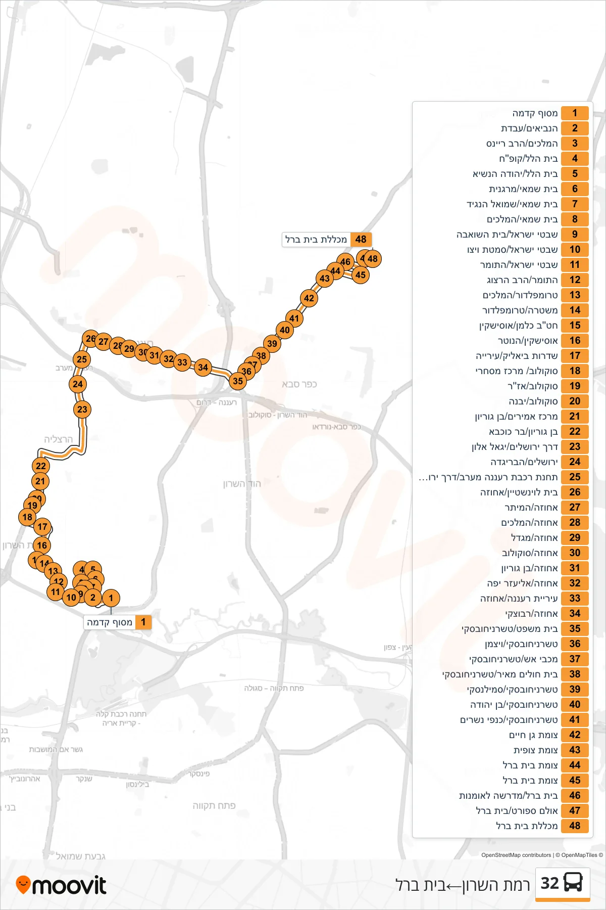 32 bus Line (Ramat HaSharon‎→Beit Berl) route and stops on a map